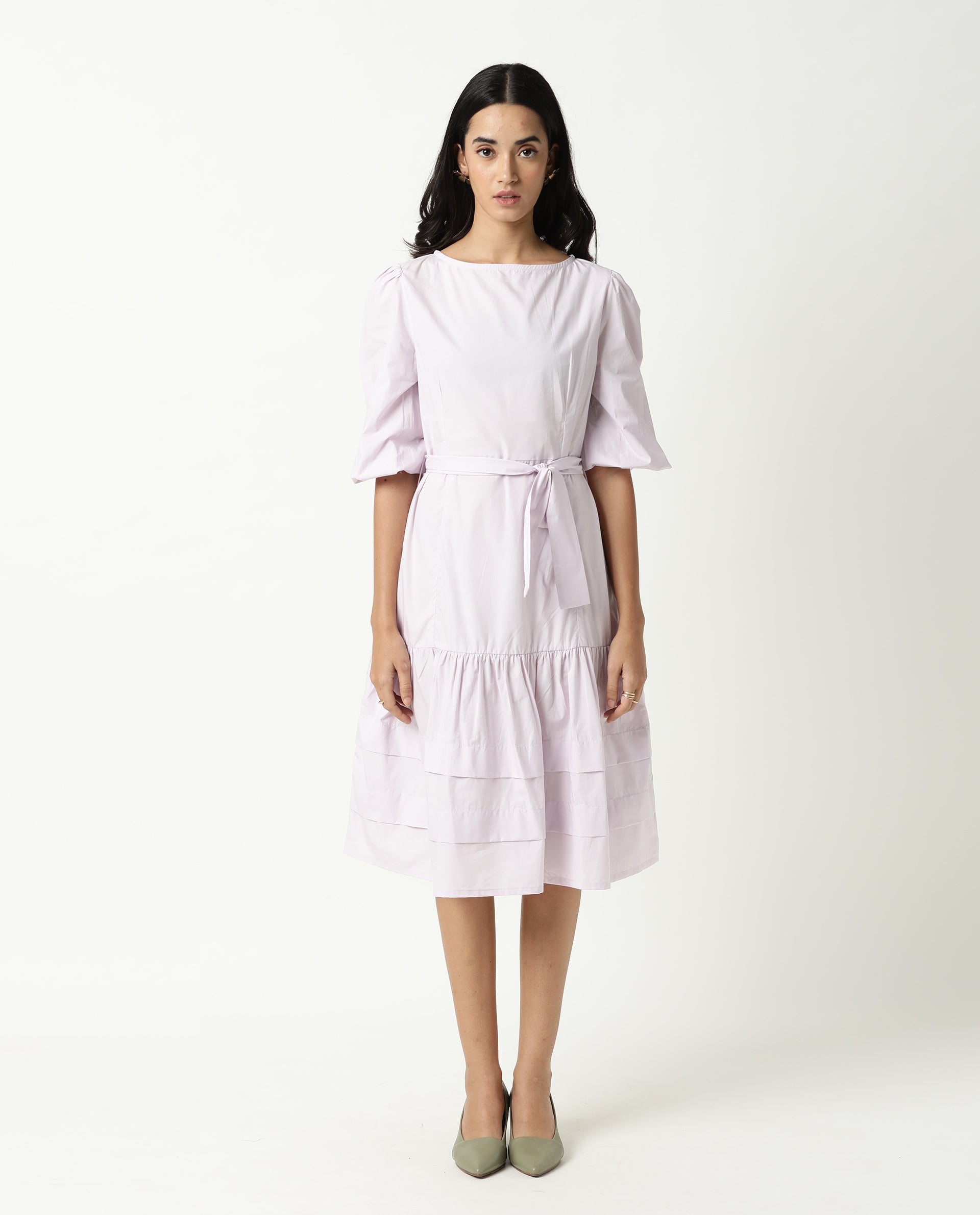 Rareism Women Hay Pastel Purple Boat Neck Puff Sleeves With Fabric Waist Belt And Back Zip Closure Midi Dress