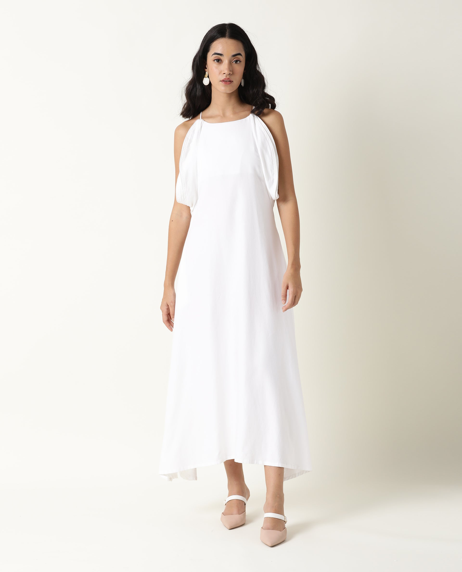 Rareism Women Acron White Round Neck Spaghetti Straps With Pockets Maxi Dress