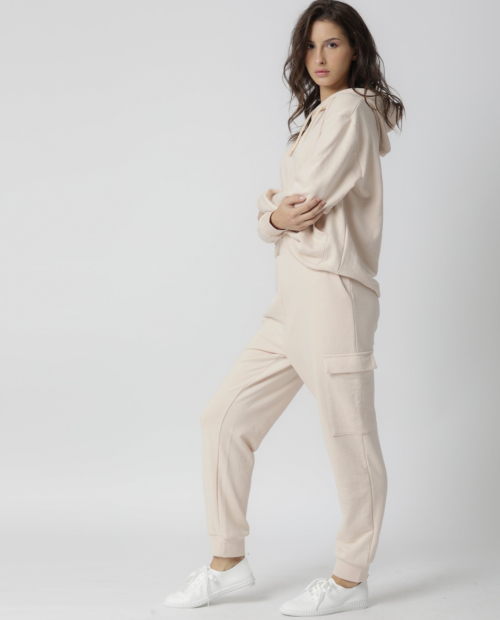 Rareism Women Nush Beige Cotton Poly Fabric Tailored Fit Solid Mid Rise Ankle Length Track Pant