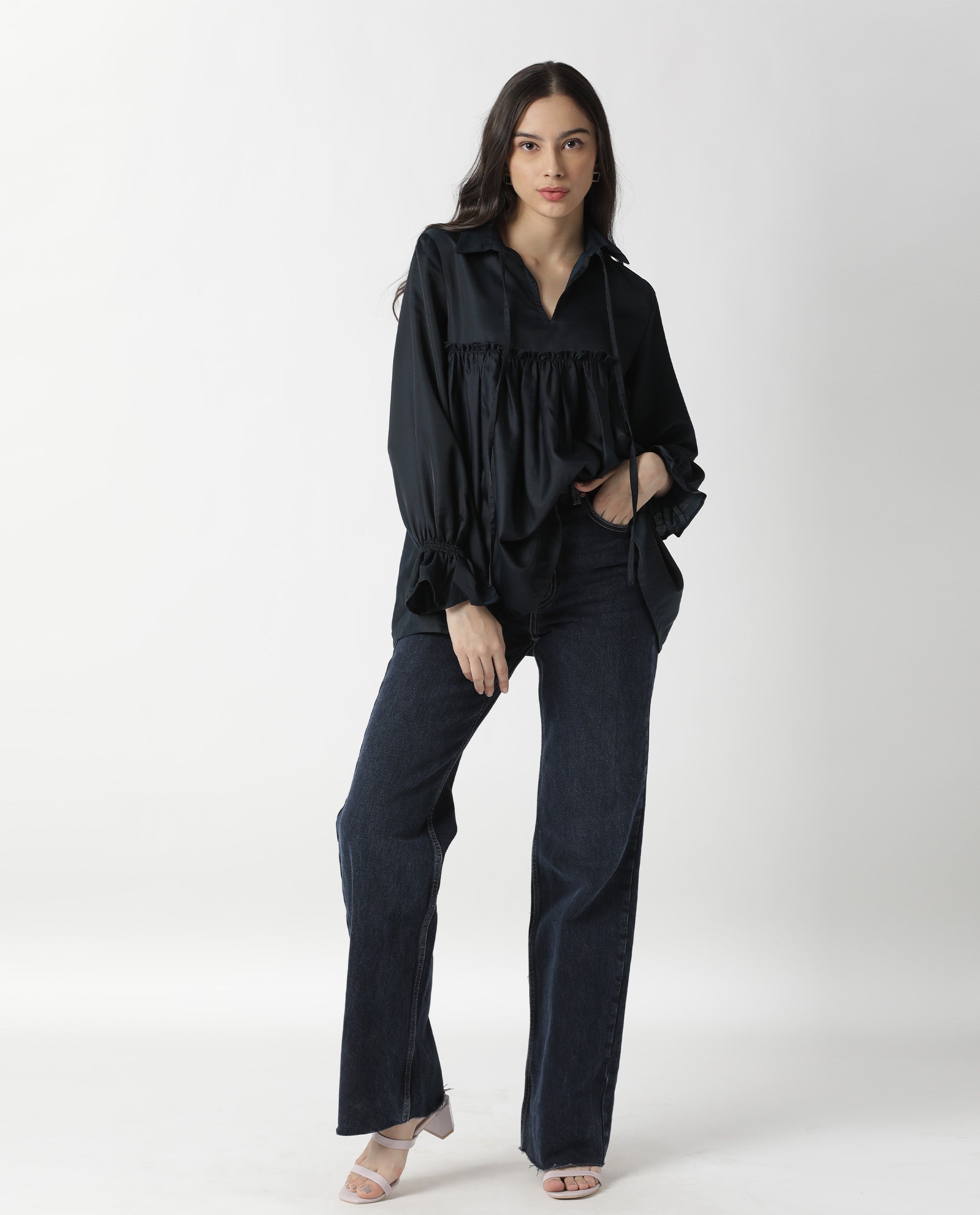 Rareism Women Poet Petrol Polyester Fabric Relaxed Fit Tie-Up Neck Full Sleeves Solid Top