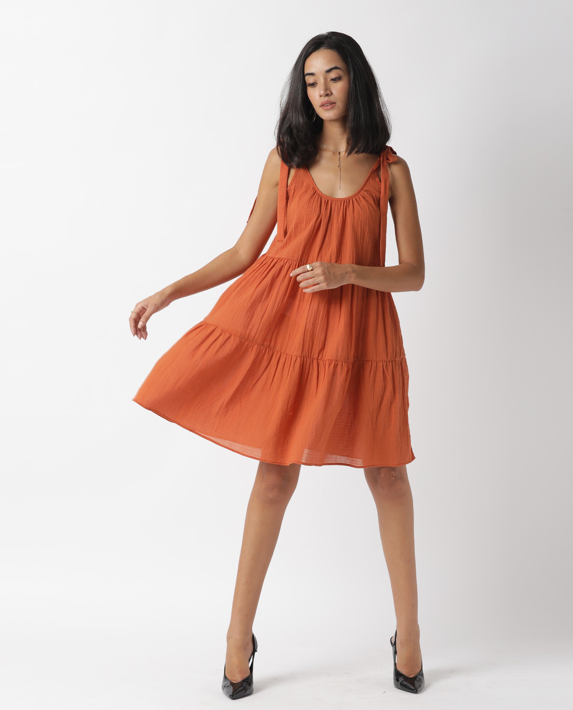 Rareism Women Melt Dark Rust Round Neck Tie Up Shoulder Straps Tiered Knee Length Dress