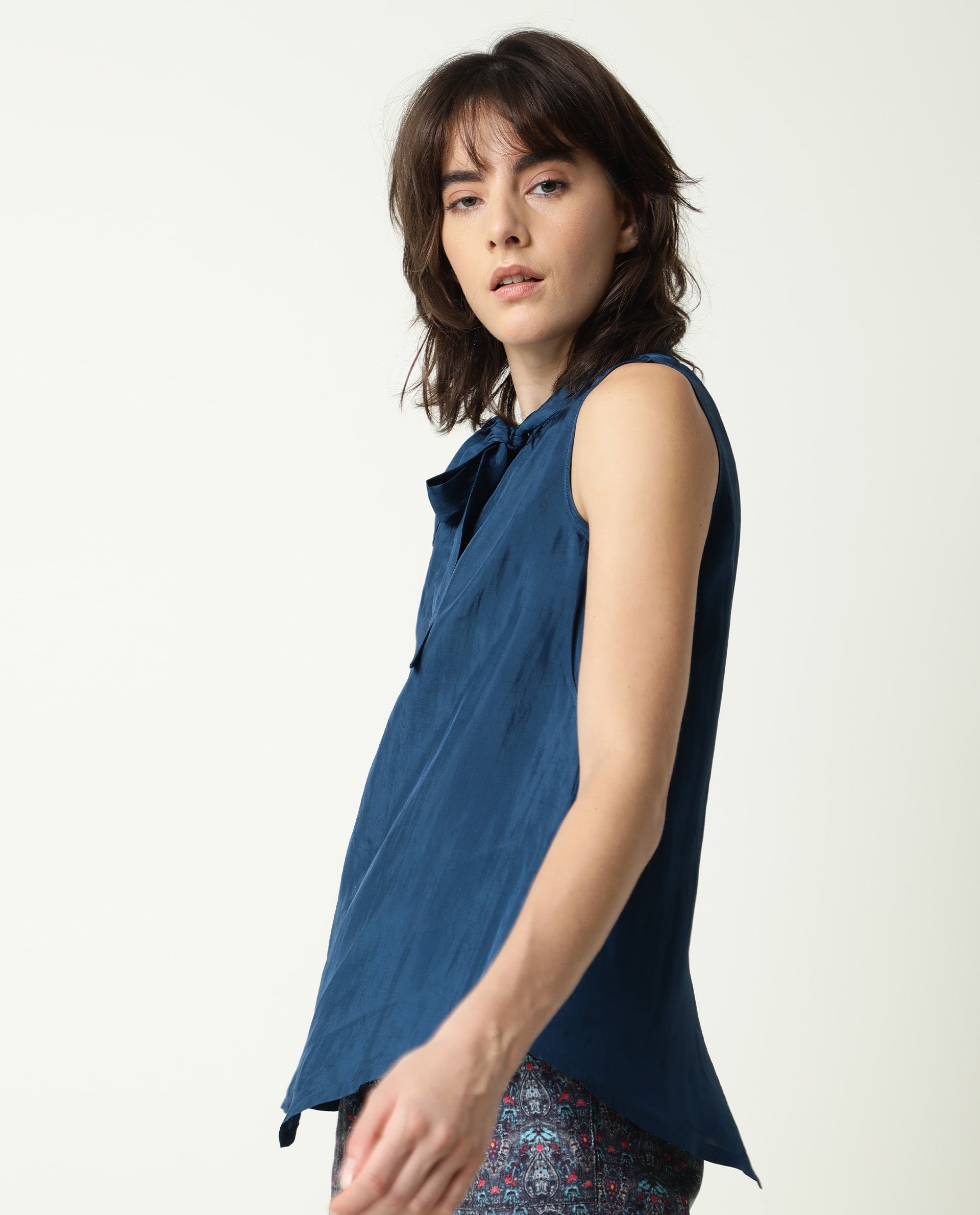 Rareism Womens Mac Petrol Top Viscose Fabric Sleeveless Tie Up