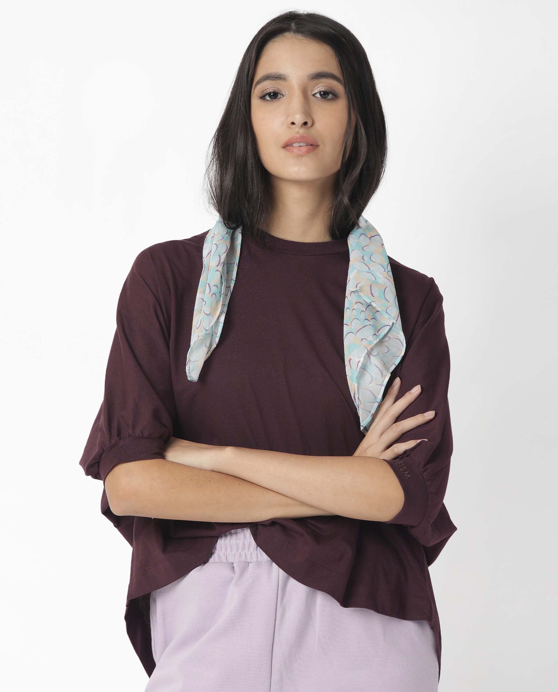 Rareism Womens Osmo Maroon Top Cotton Fabric Regular Fit Volume Sleeve Round Neck