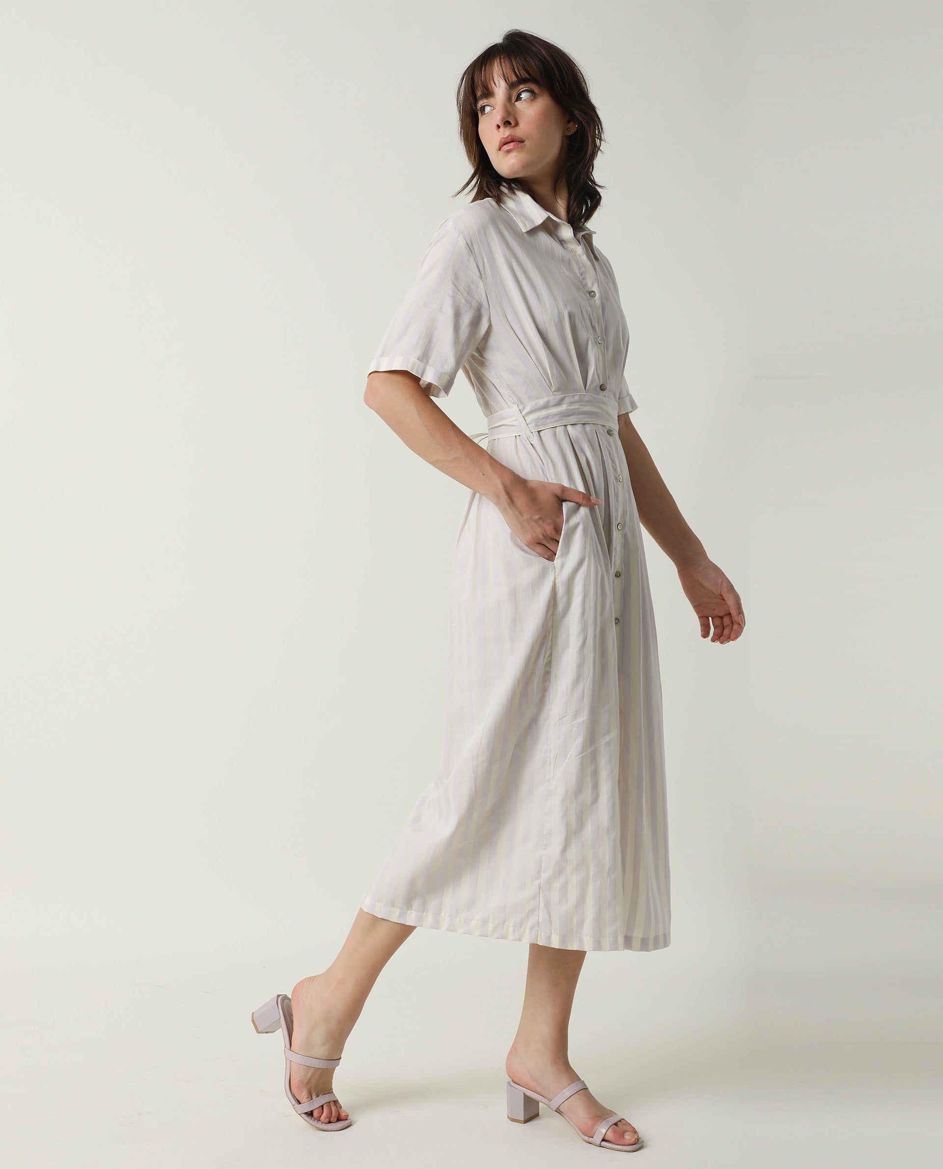 Rareism Women Paris Yellow Shirt Collar Half Sleeves Front Placket Button Closure With Fabric Waist Belt Midi Dress