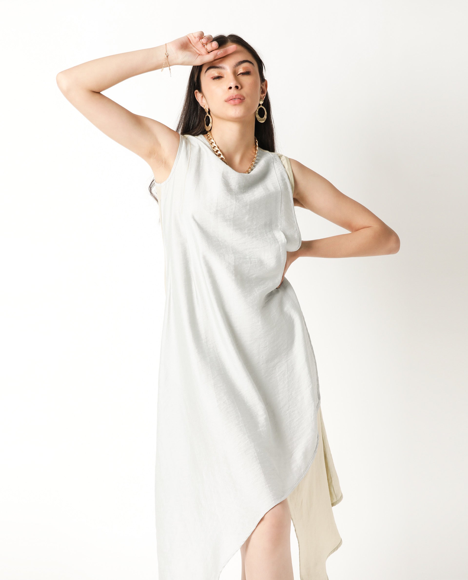 Rareism Women Xavier Blue Boat Neck Sleeveless Overlap Panel In Front With Asymmetric Midi Dress