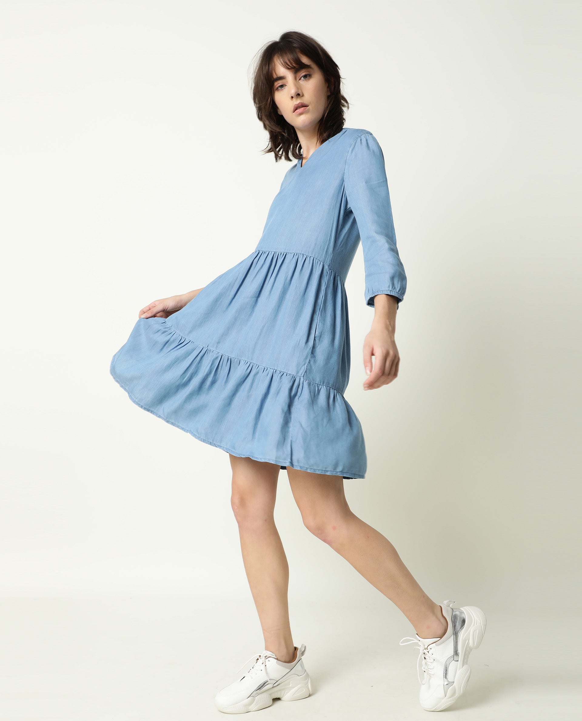 Rareism Women Mayo Blue Mandarin Collar Full Sleeves With Pockets Tiered Knee Length Dress