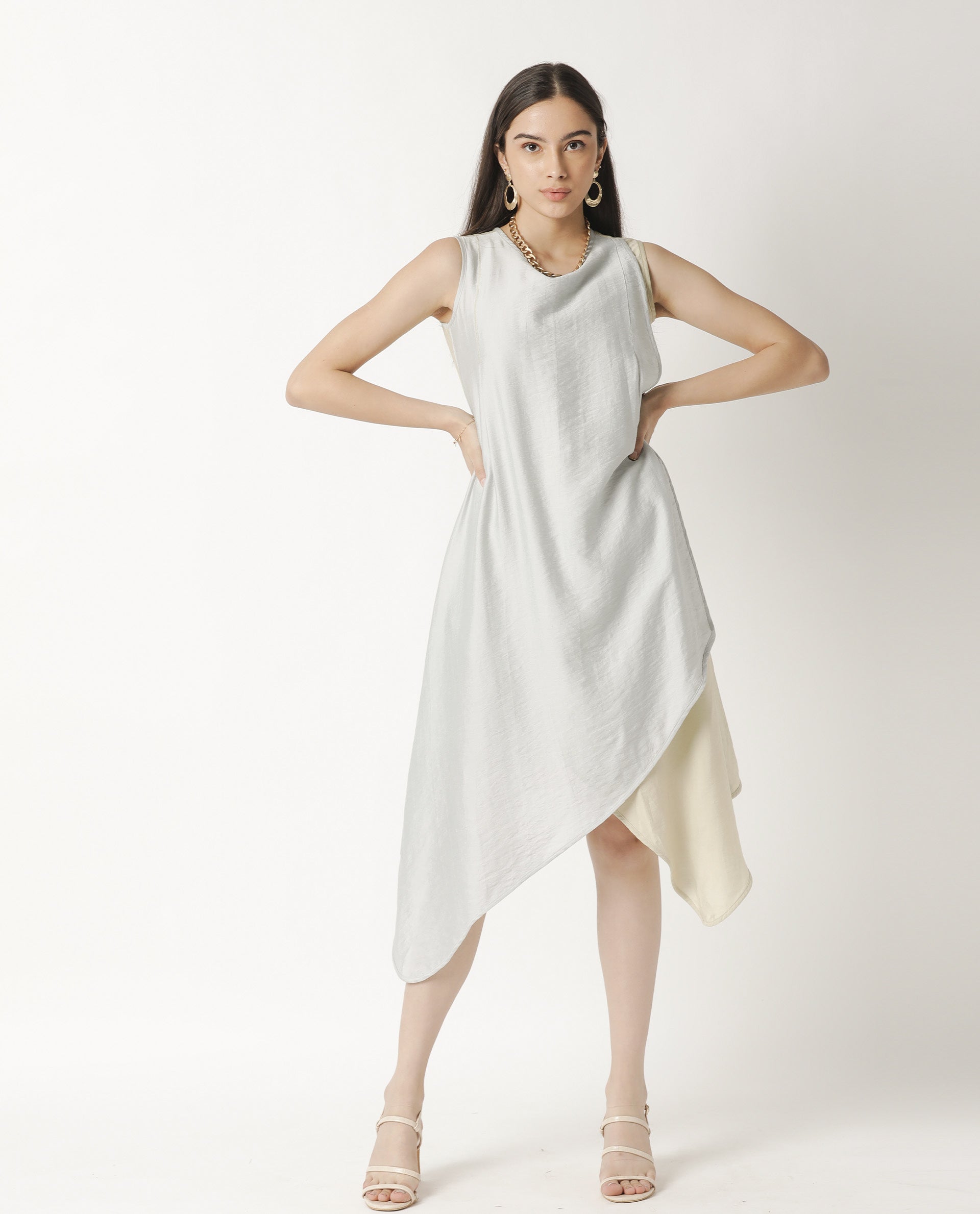 Rareism Women Xavier Blue Boat Neck Sleeveless Overlap Panel In Front With Asymmetric Midi Dress