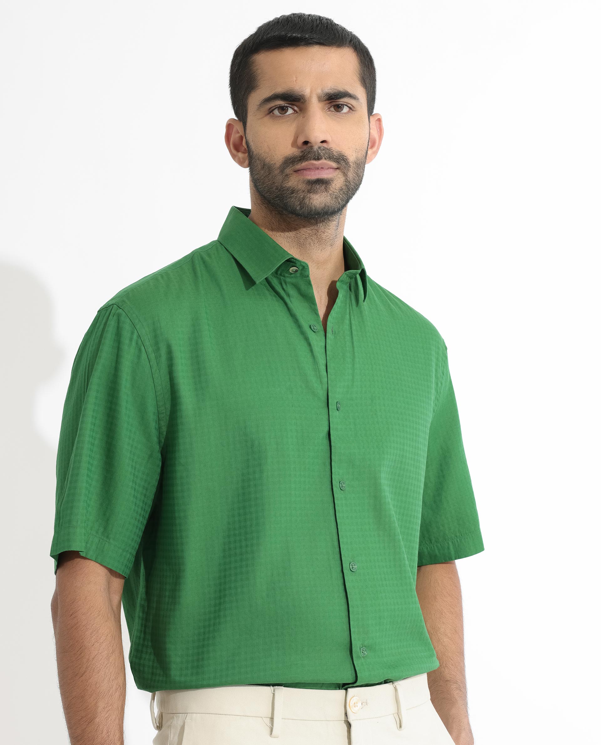 Rare Rabbit Men's Lazio Green Cotton Lyocell Fabric Half Sleeves Gingham Checks Shirt