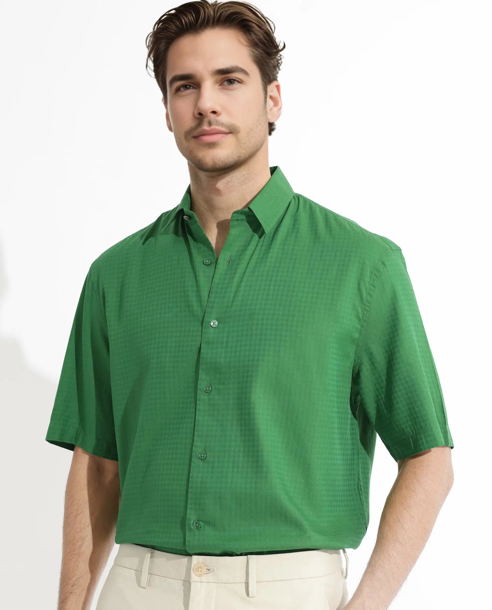 Rare Rabbit Men's Lazio Green Cotton Checked Print Regular Fit Half Sleeve Collared Shirt