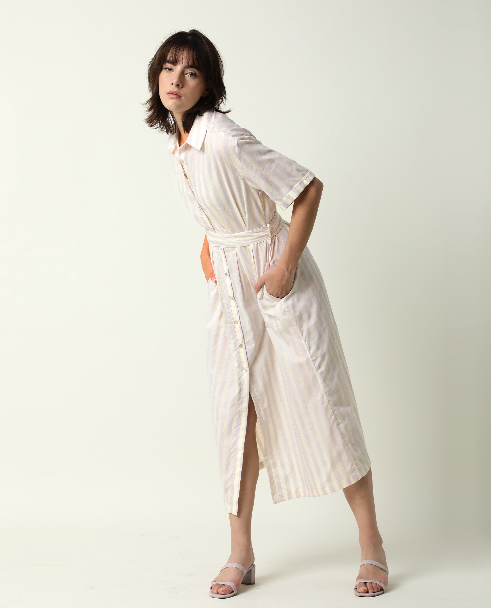 Rareism Women Paris Yellow Shirt Collar Half Sleeves Front Placket Button Closure With Fabric Waist Belt Midi Dress