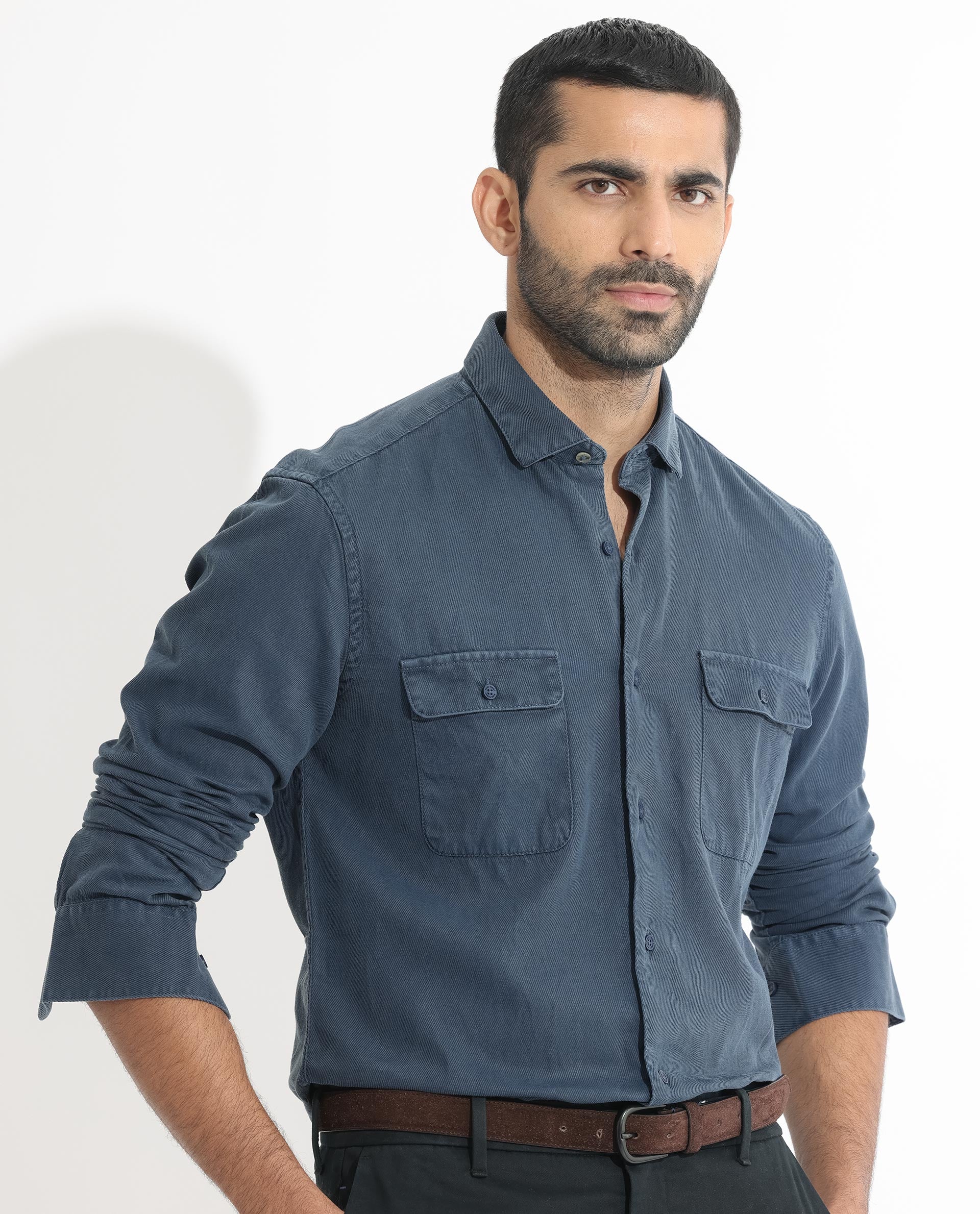 Rare Rabbit Men's Lipton Dusky Navy Cotton Fabric Full Sleeves Twill Shirt