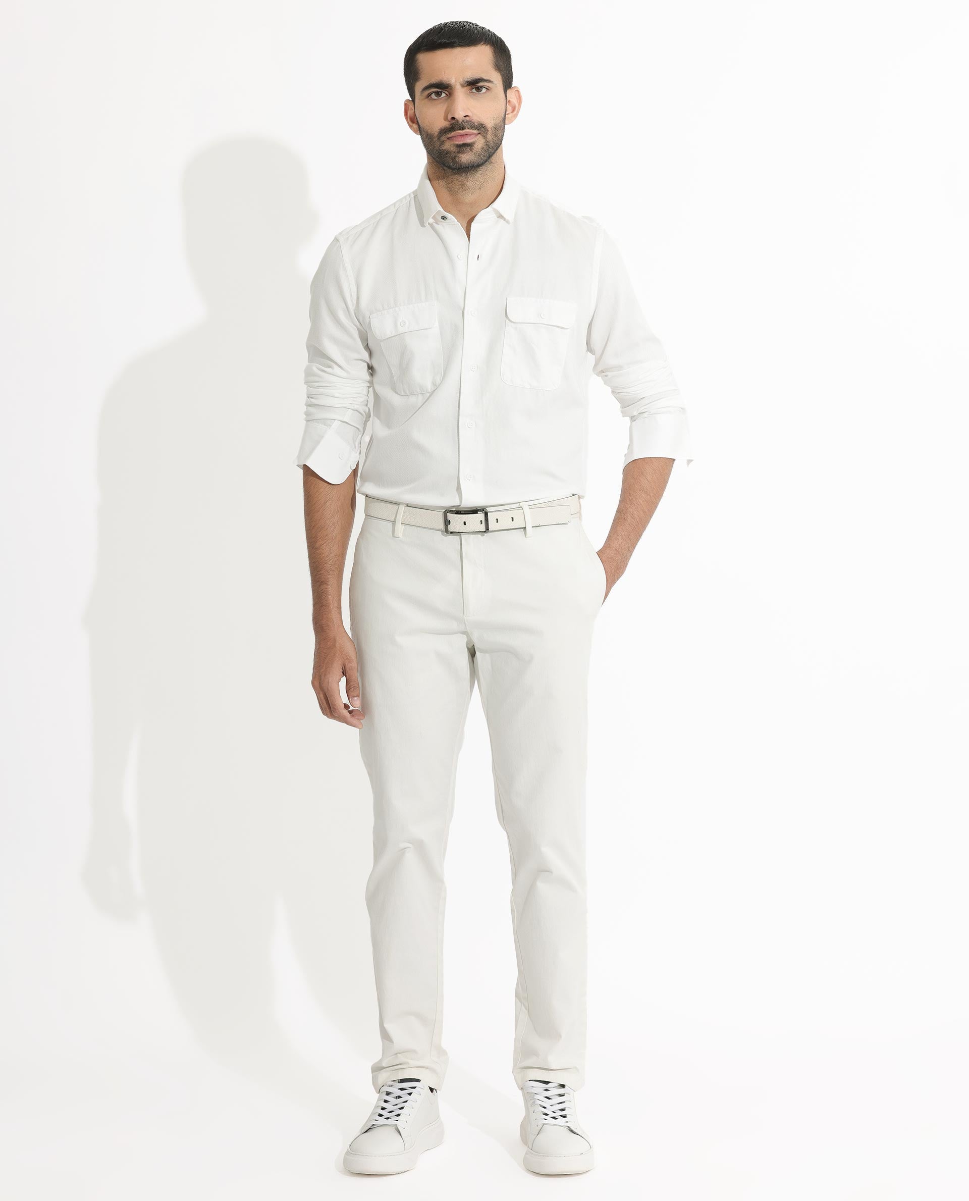 Rare Rabbit Men's Lipton White Cotton Fabric Full Sleeves Twill Shirt