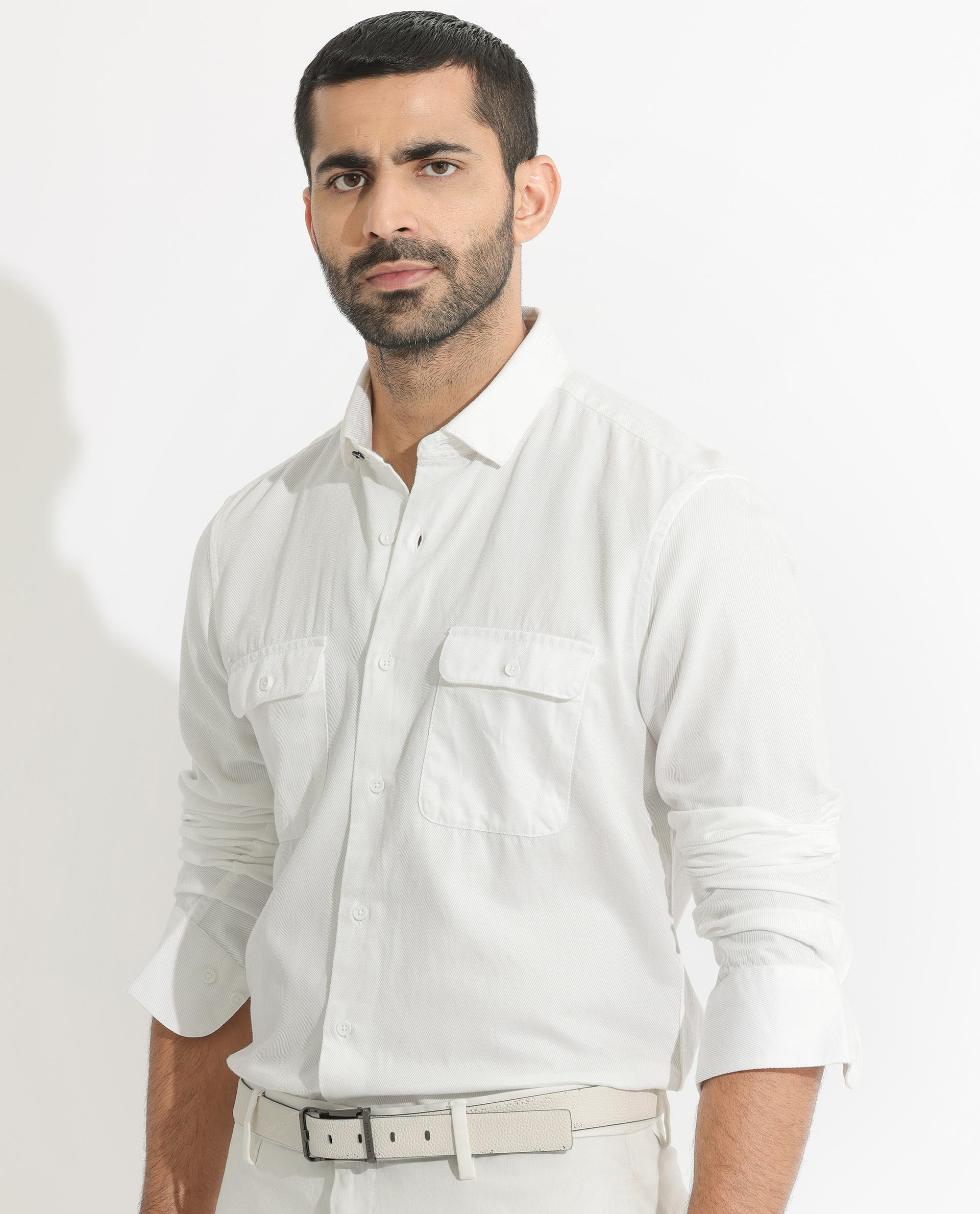 Rare Rabbit Men's Lipton White Cotton Fabric Full Sleeves Twill Shirt