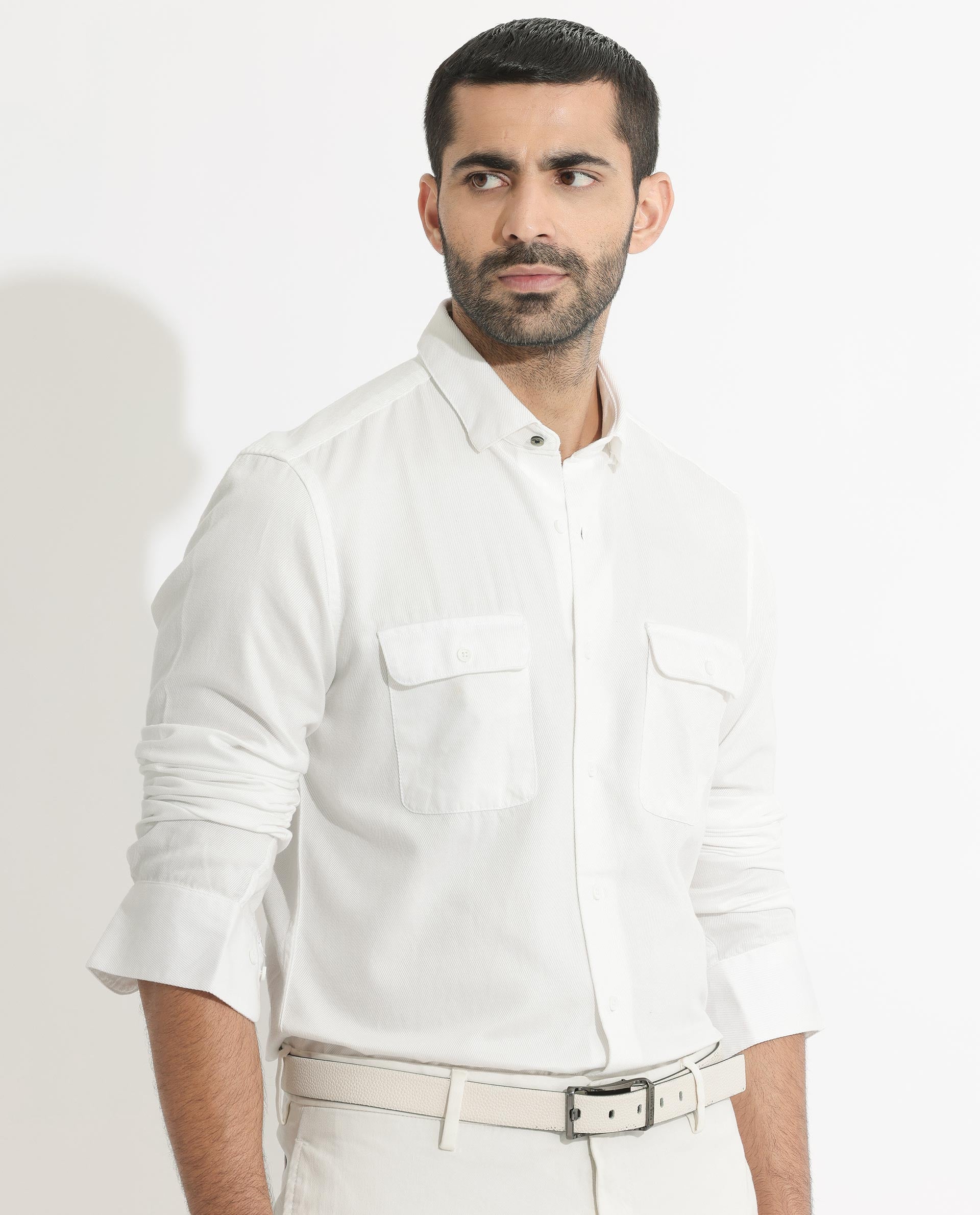 Rare Rabbit Men's Lipton White Cotton Fabric Full Sleeves Twill Shirt