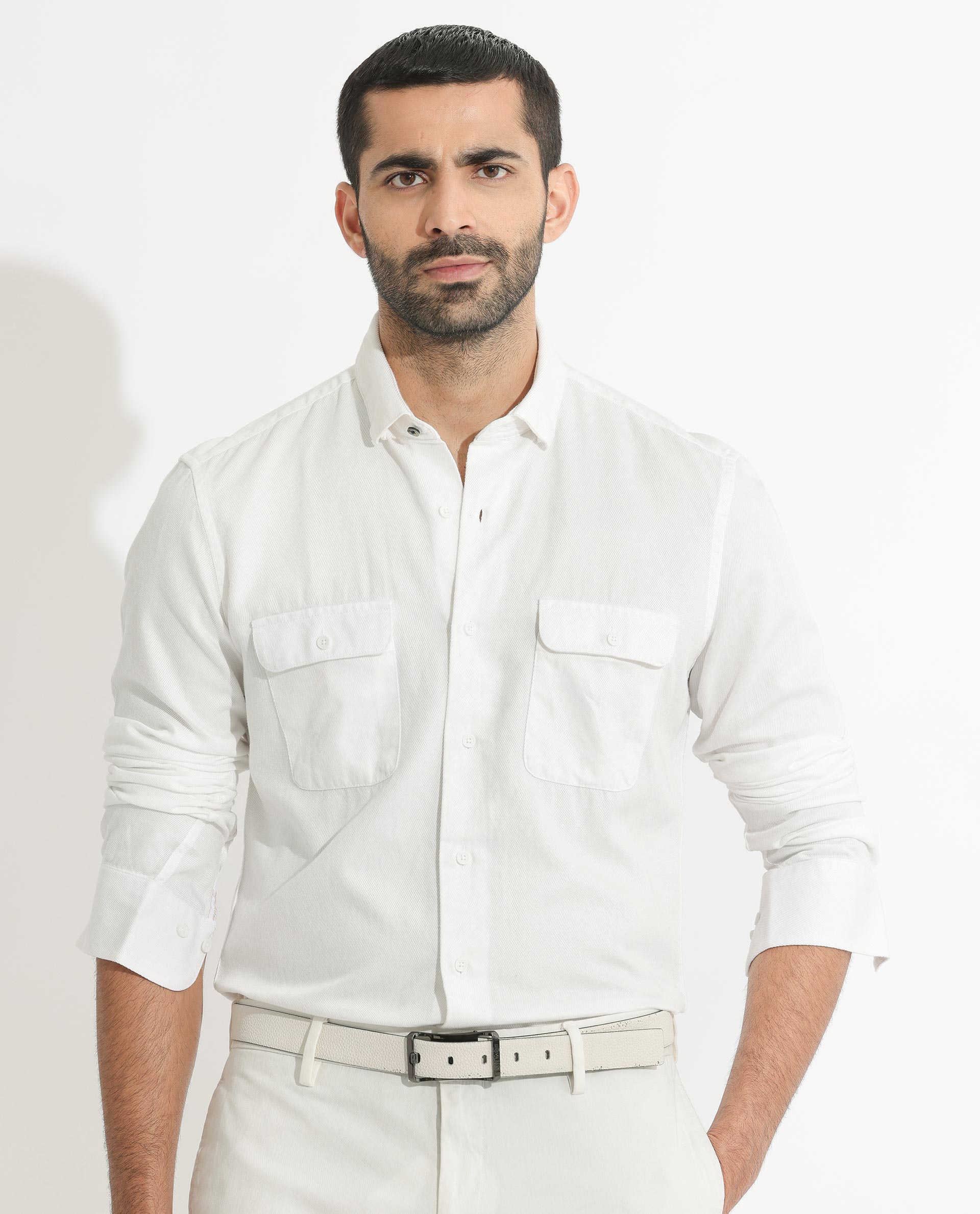 Rare Rabbit Men's Lipton White Cotton Fabric Full Sleeves Twill Shirt