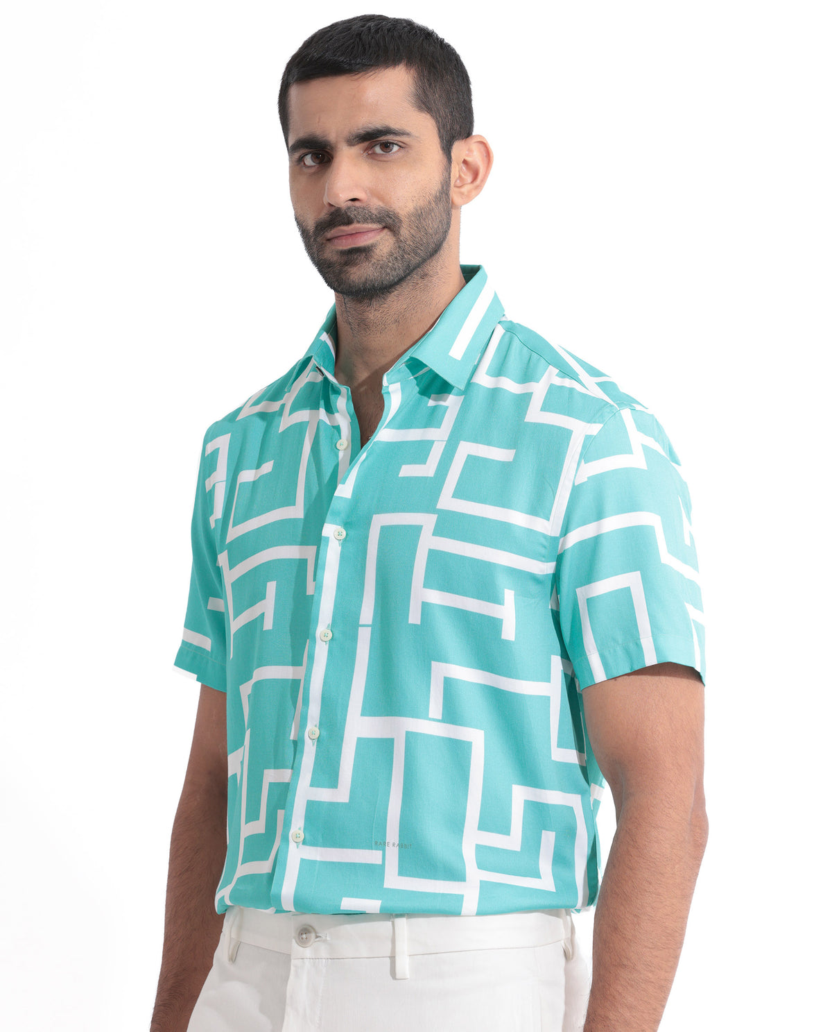 Rare Rabbit Men's Lugo Turq Cotton Modal Fabric Geometric Print Half Sleeves Shirt