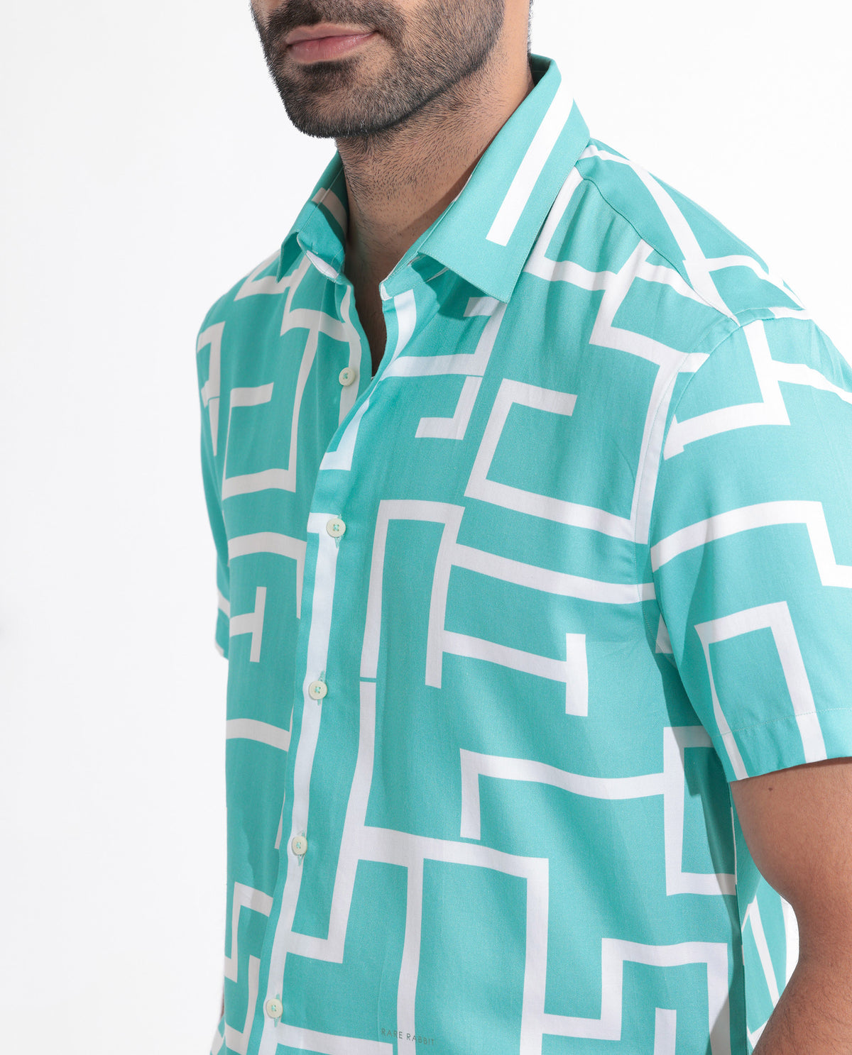 Rare Rabbit Men's Lugo Turq Cotton Modal Fabric Geometric Print Half Sleeves Shirt