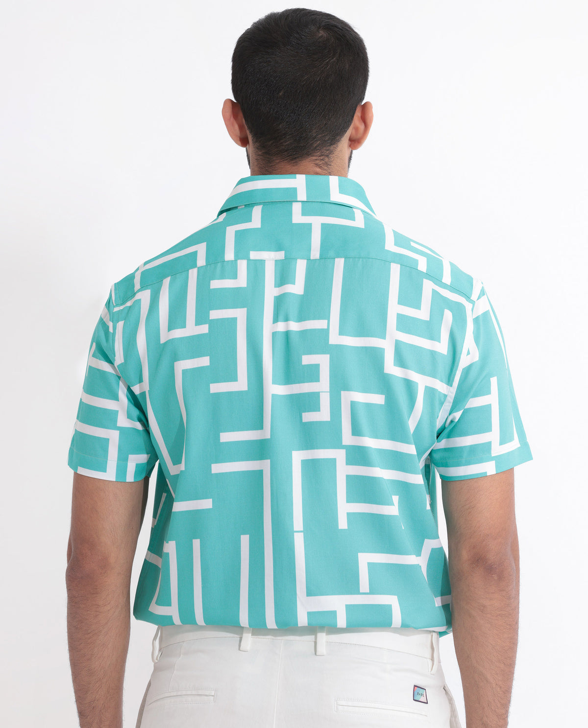 Rare Rabbit Men's Lugo Turq Cotton Modal Fabric Geometric Print Half Sleeves Shirt