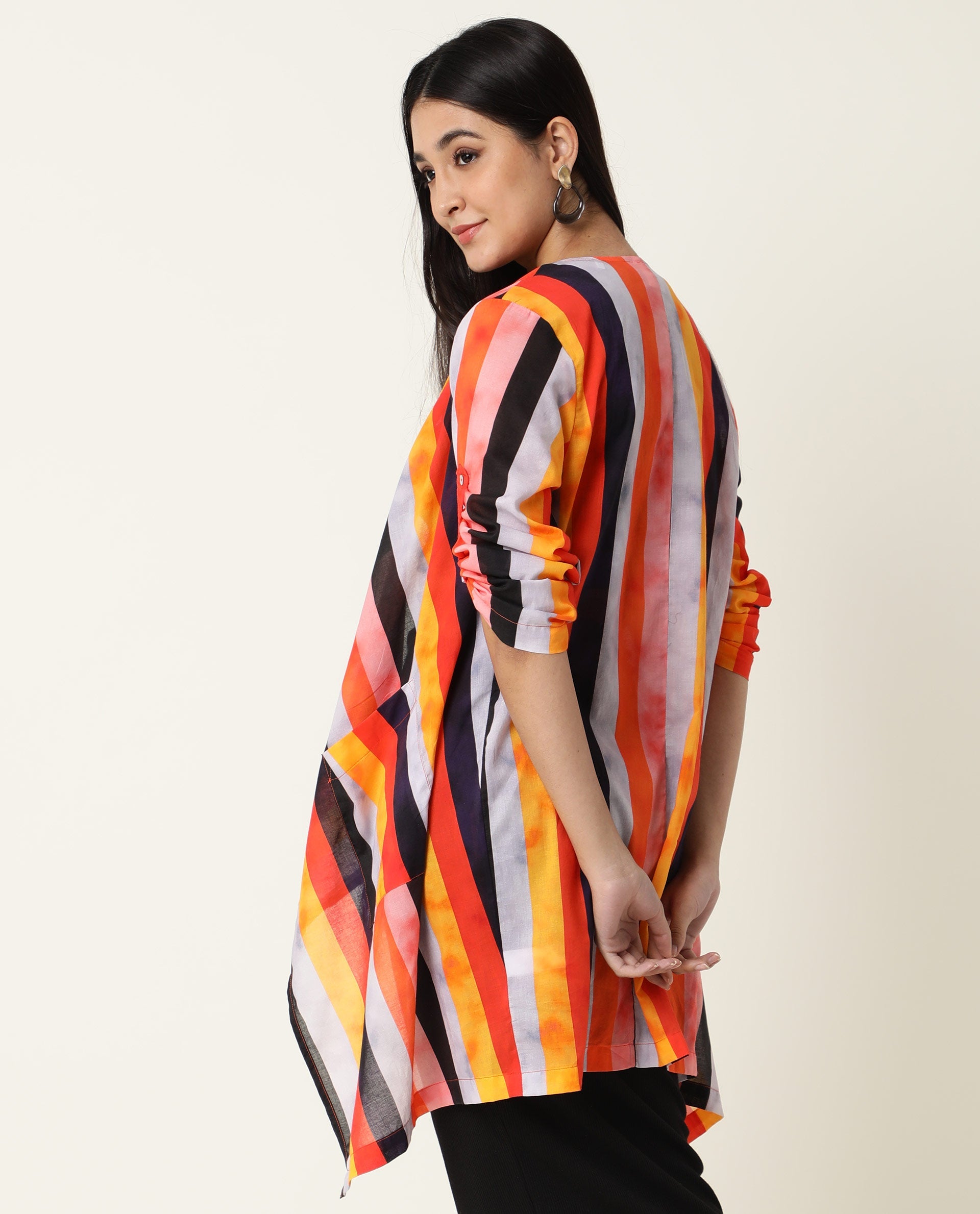 Rareism Women Maaza Multi Cotton Fabric 3/4Th Sleeves Striped Collarless Shrug