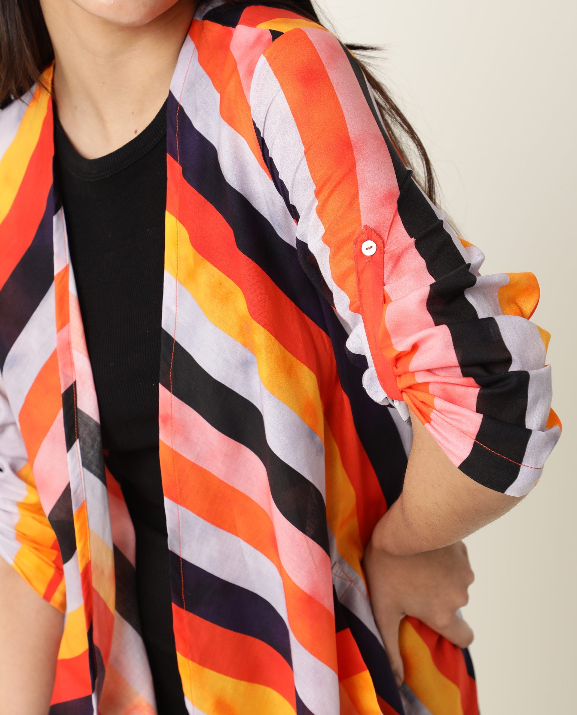 Rareism Women Maaza Multi Cotton Fabric 3/4Th Sleeves Striped Collarless Shrug