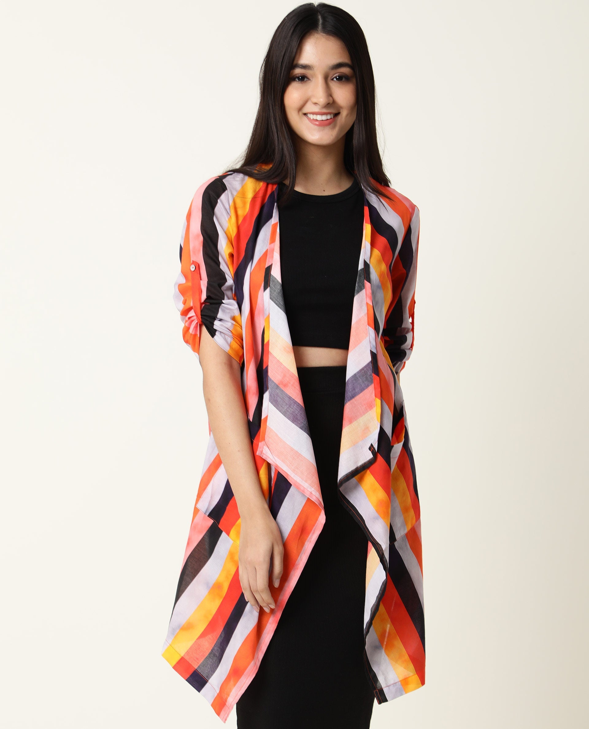 Rareism Women Maaza Multi Cotton Fabric 3/4Th Sleeves Striped Collarless Shrug