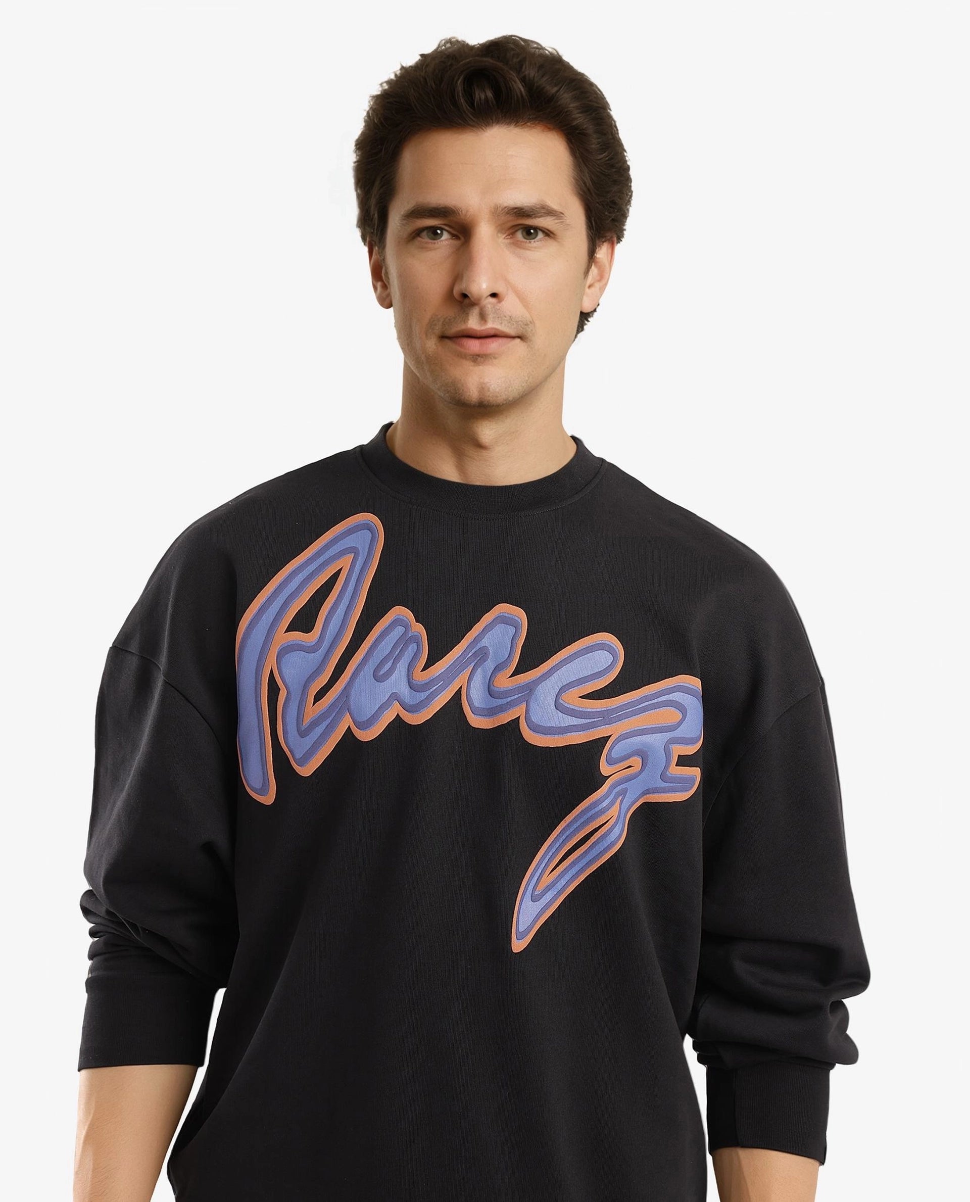 Rare Rabbit Men Mabel Black Cotton Polyester Fabric Full Sleeve Crew Neck Boxy Fit Printed Sweatshirt