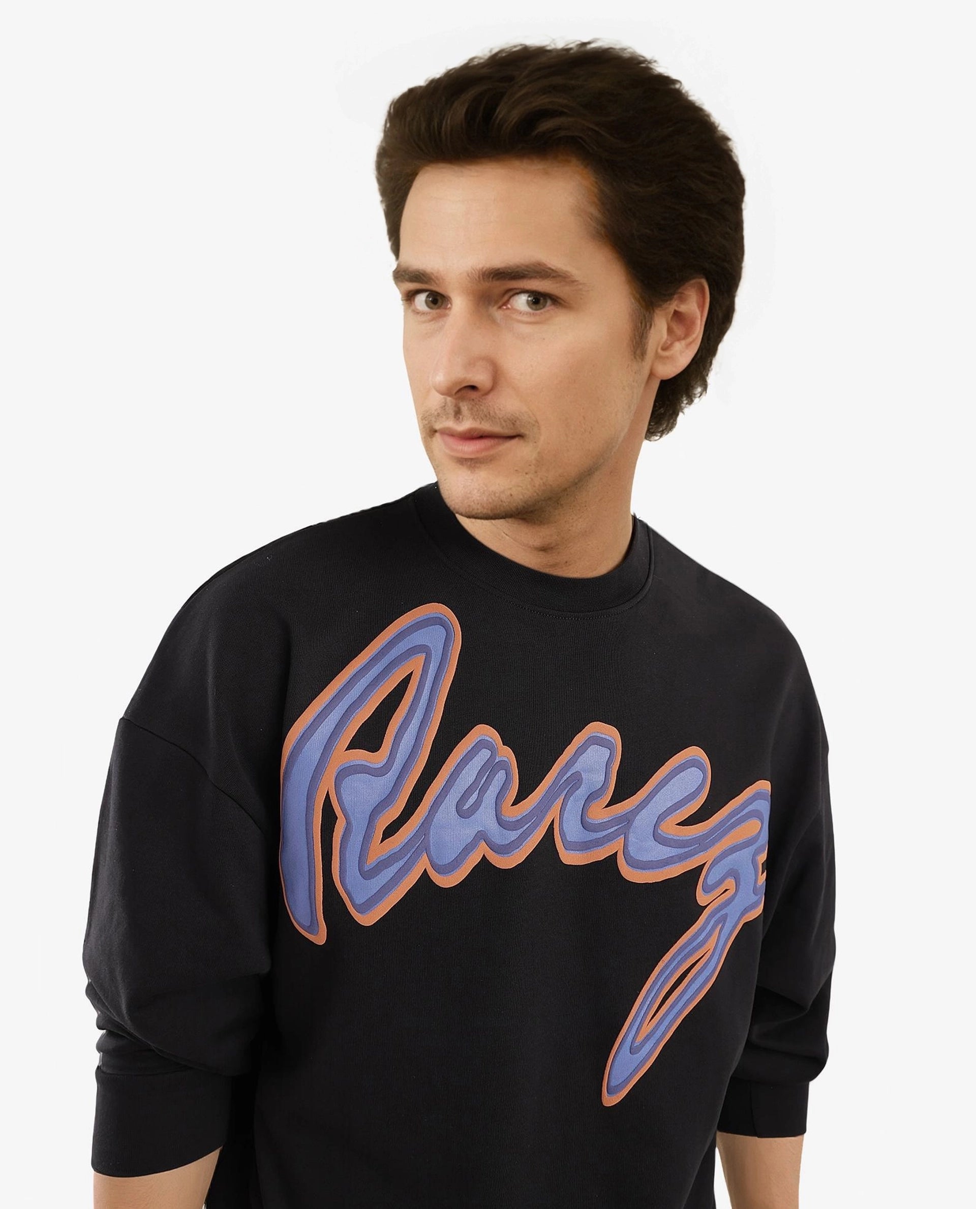 Rare Rabbit Men Mabel Black Cotton Polyester Fabric Full Sleeve Crew Neck Boxy Fit Printed Sweatshirt