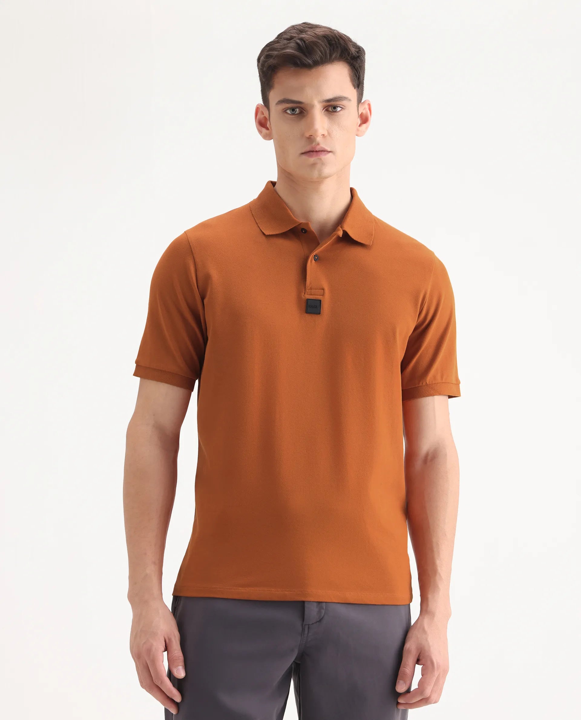Rare Rabbit Men's Mabe Orange Cotton Plain Regular Fit Half Sleeve Polo