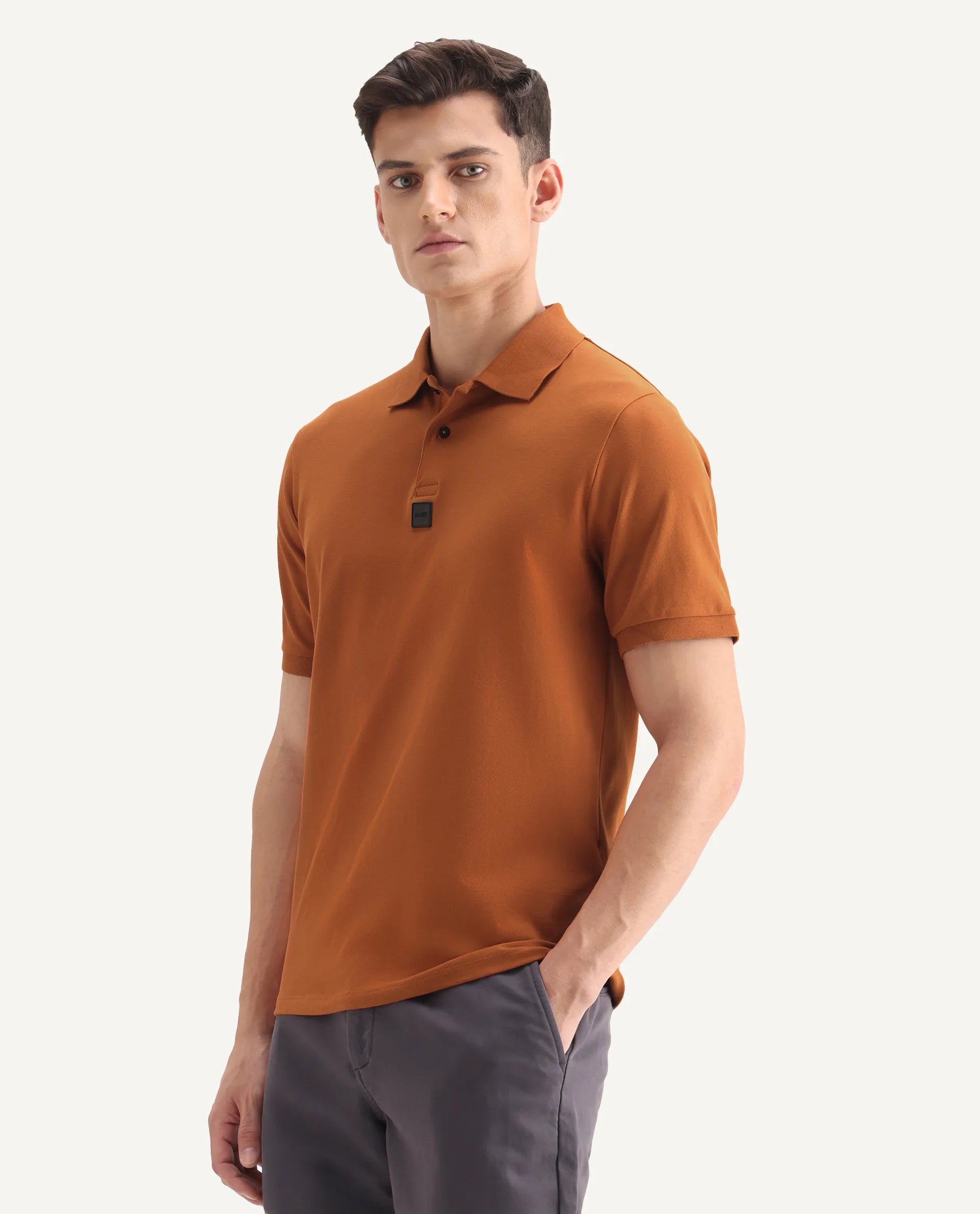 Rare Rabbit Men's Mabe Orange Cotton Plain Regular Fit Half Sleeve Polo