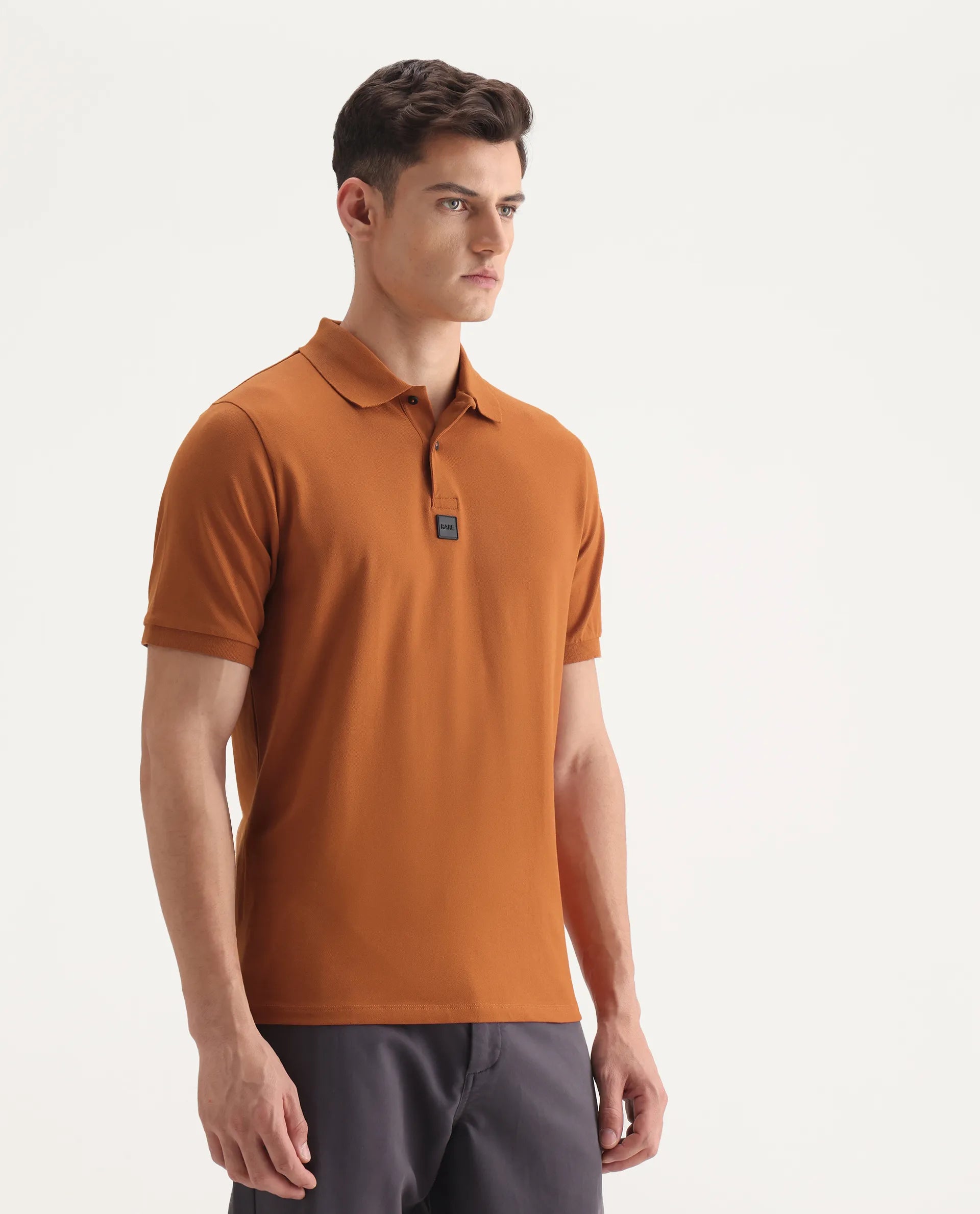 Rare Rabbit Men's Mabe Orange Cotton Plain Regular Fit Half Sleeve Polo