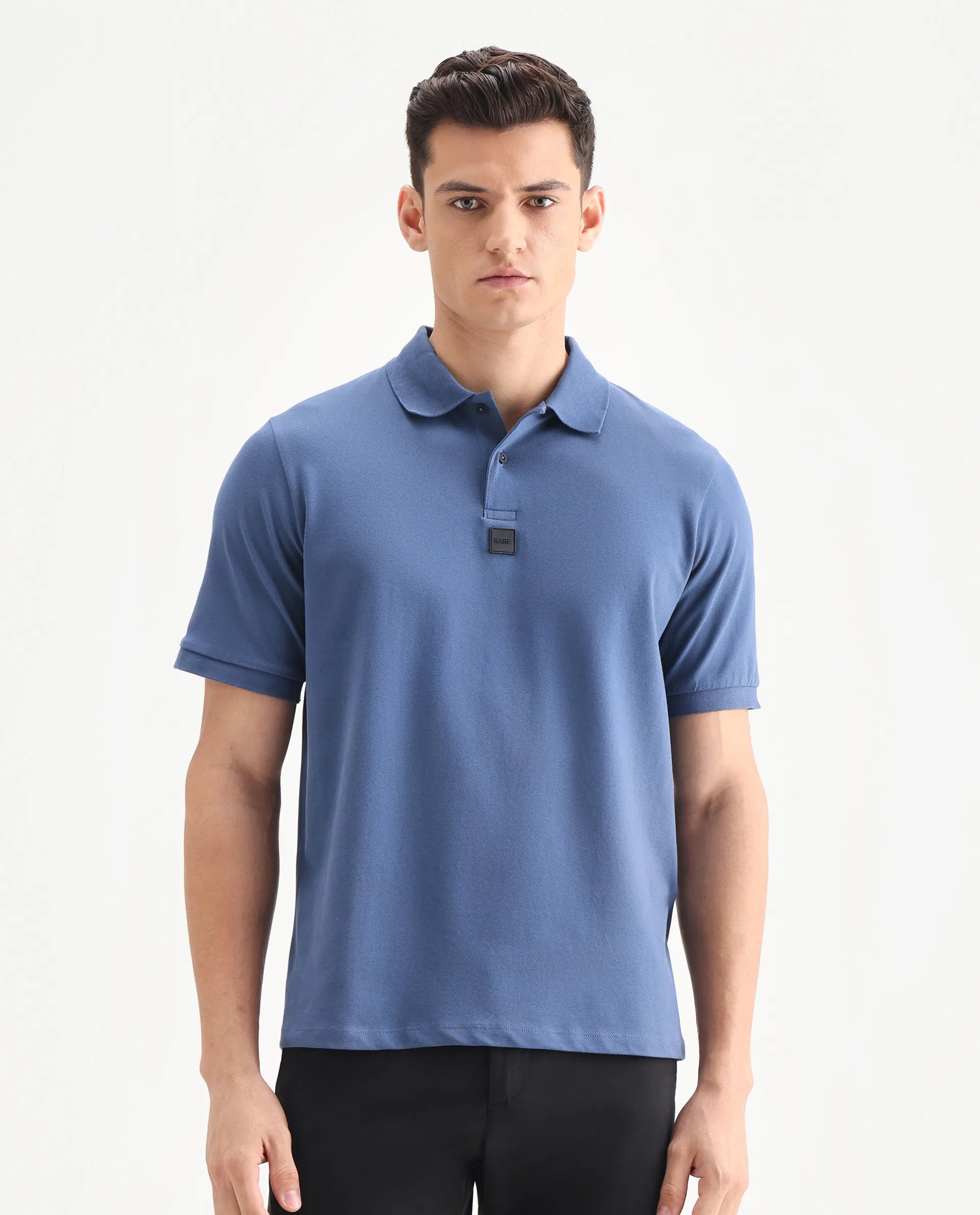 Rare Rabbit Men's Mabe Petrol Cotton Plain Regular Fit Half Sleeve Polo