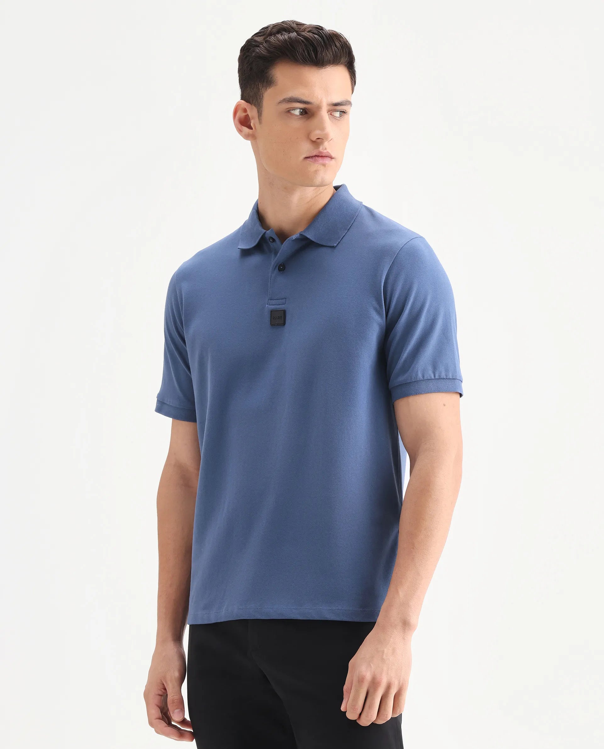 Rare Rabbit Men's Mabe Petrol Cotton Plain Regular Fit Half Sleeve Polo
