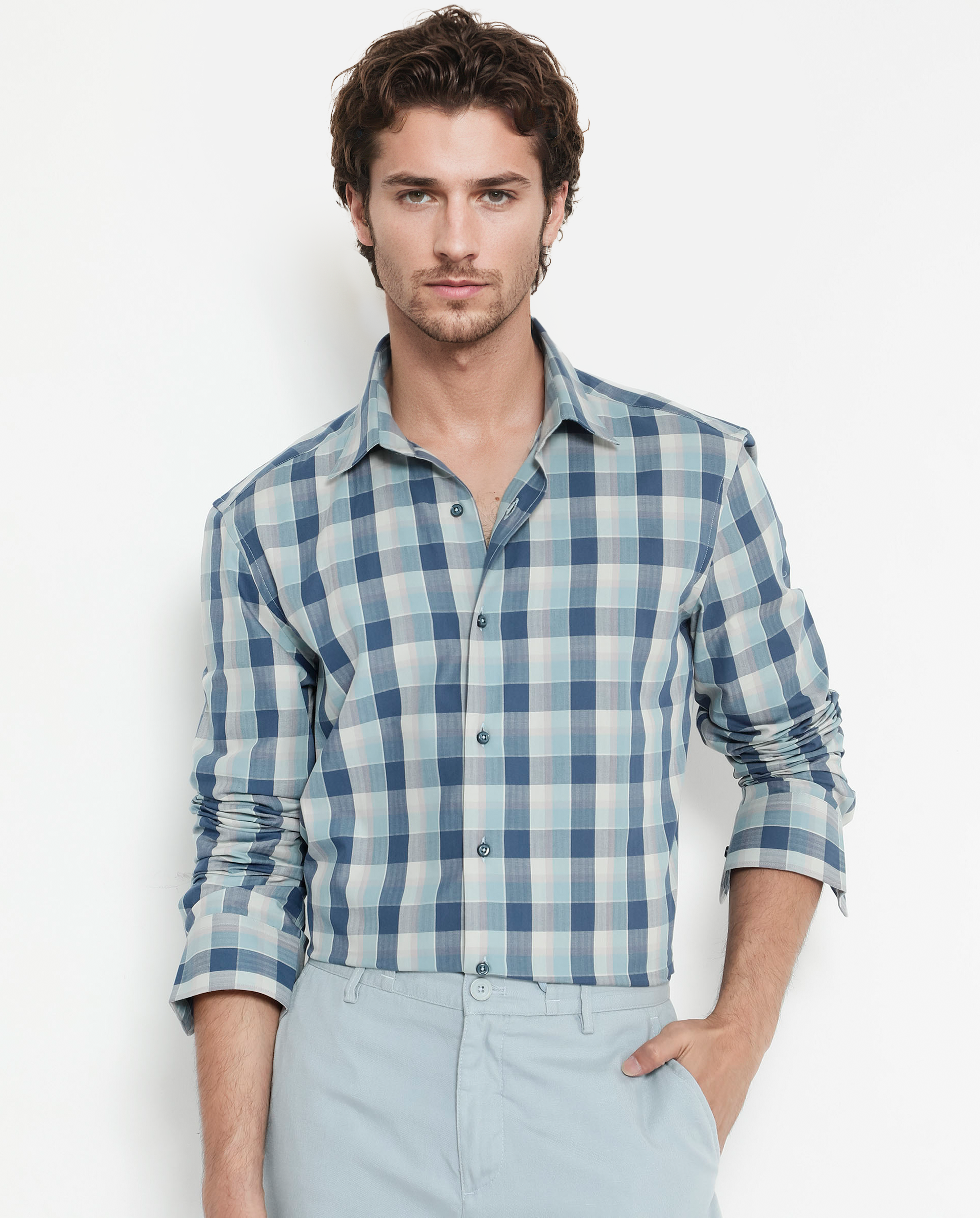 Rare Rabbit Men's Mac Blue Cotton Fabric Full Sleeve Regular Fit Checks Shirt