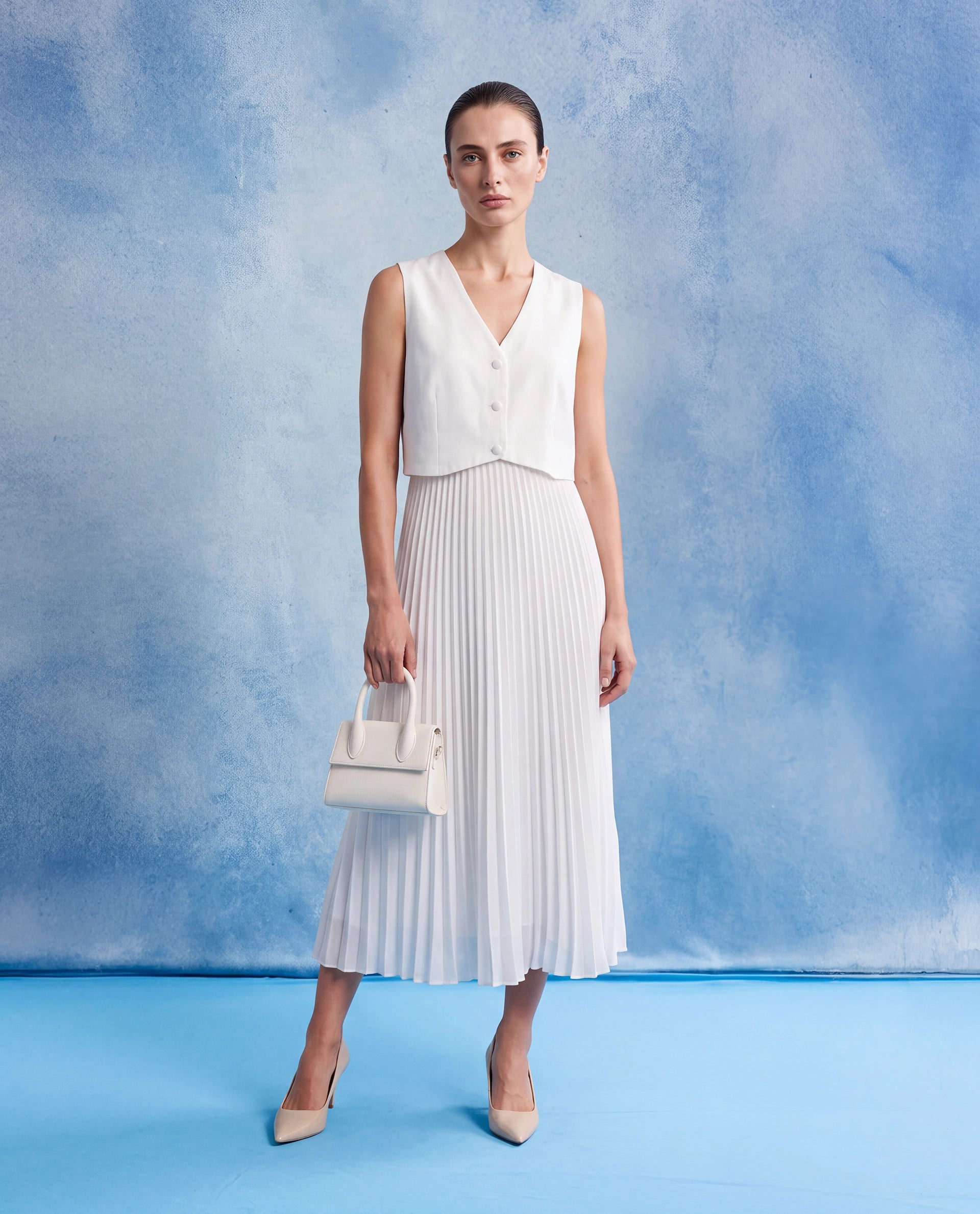 Rareism Women's Mace Off White Cotton Blend Sleeveless V-Neck A-Line Dress