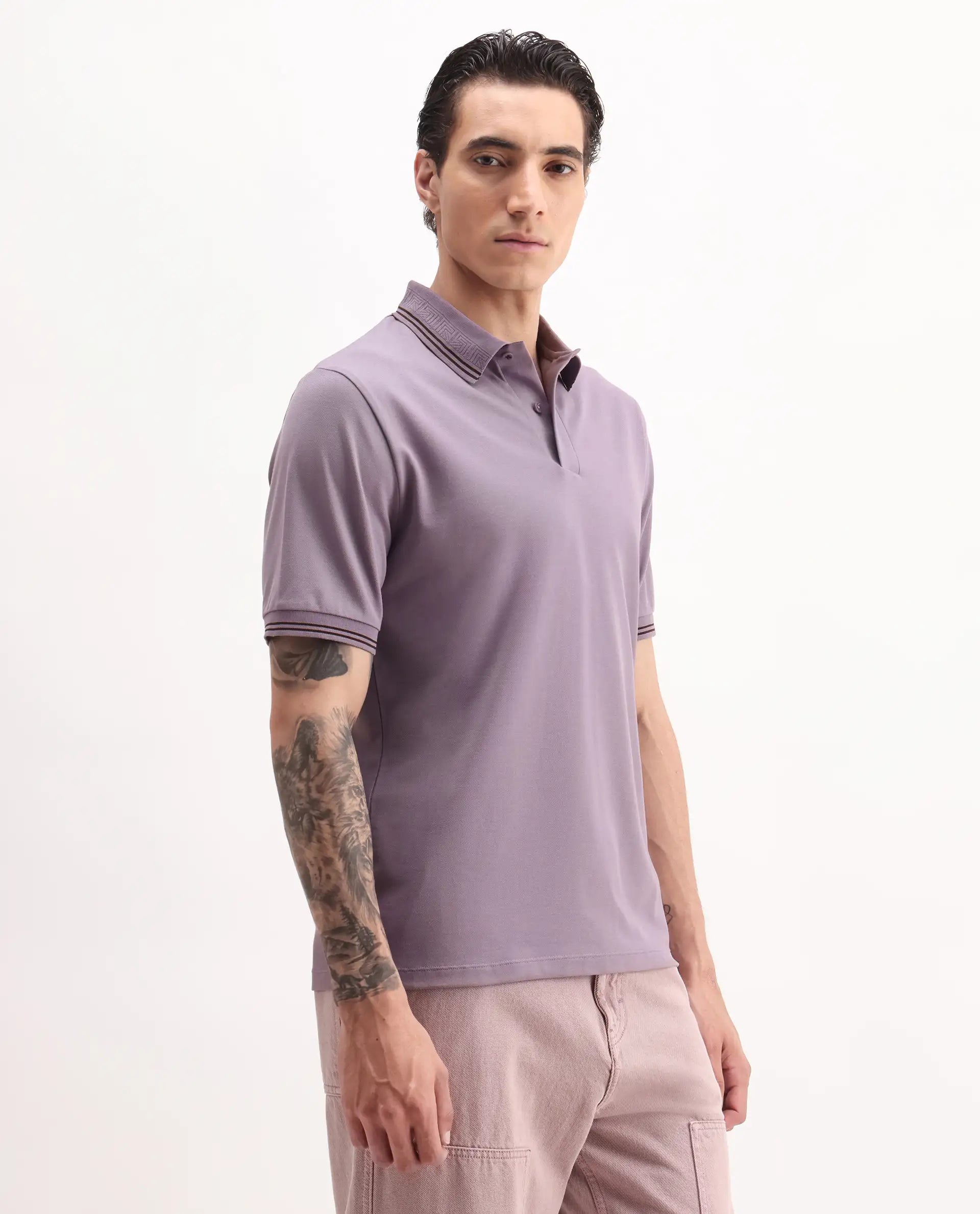 Rare Rabbit Men's Mace Dusky Purple Cotton Blend Plain Regular Fit Half Sleeve Polo