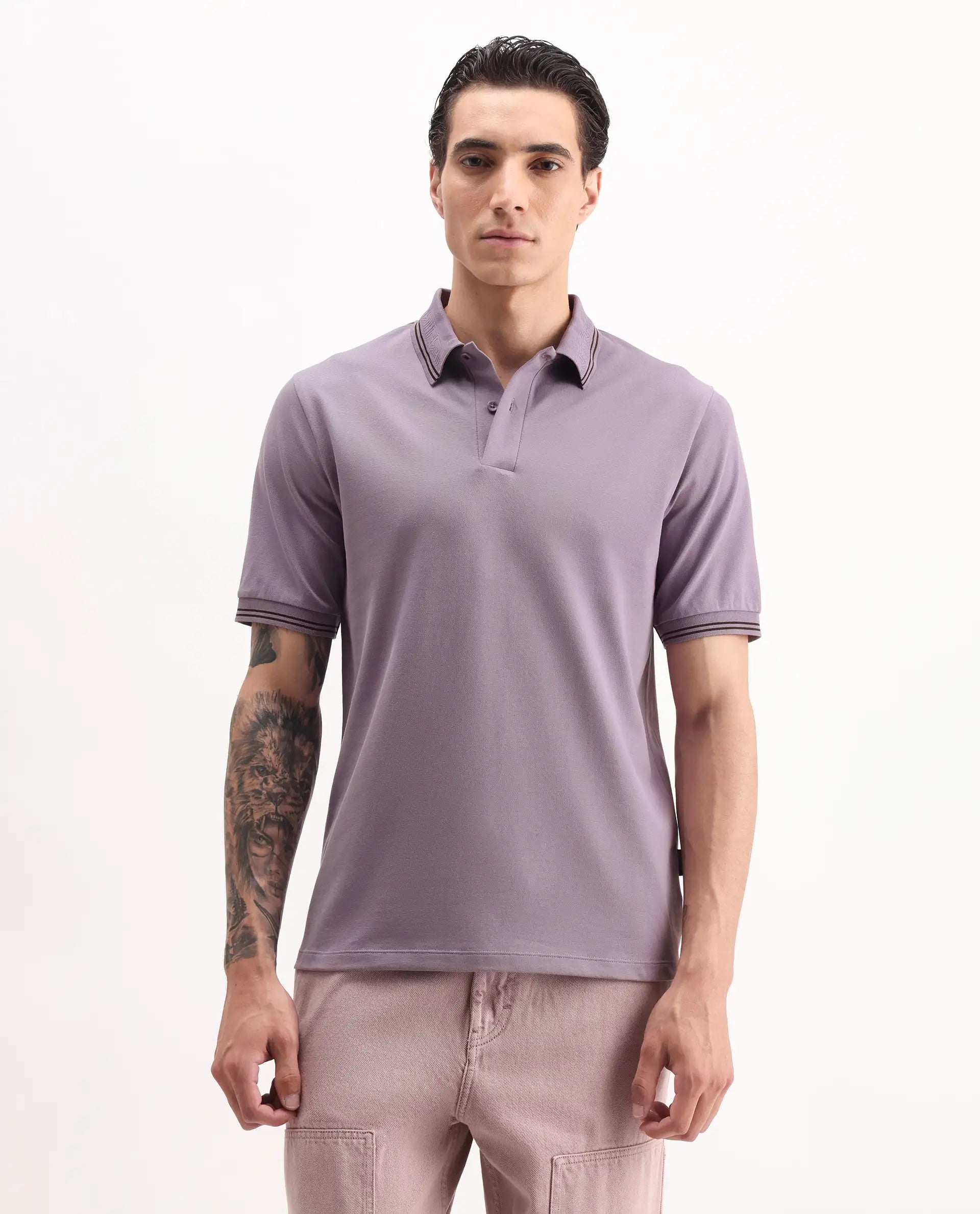 Rare Rabbit Men's Mace Dusky Purple Cotton Blend Plain Regular Fit Half Sleeve Polo