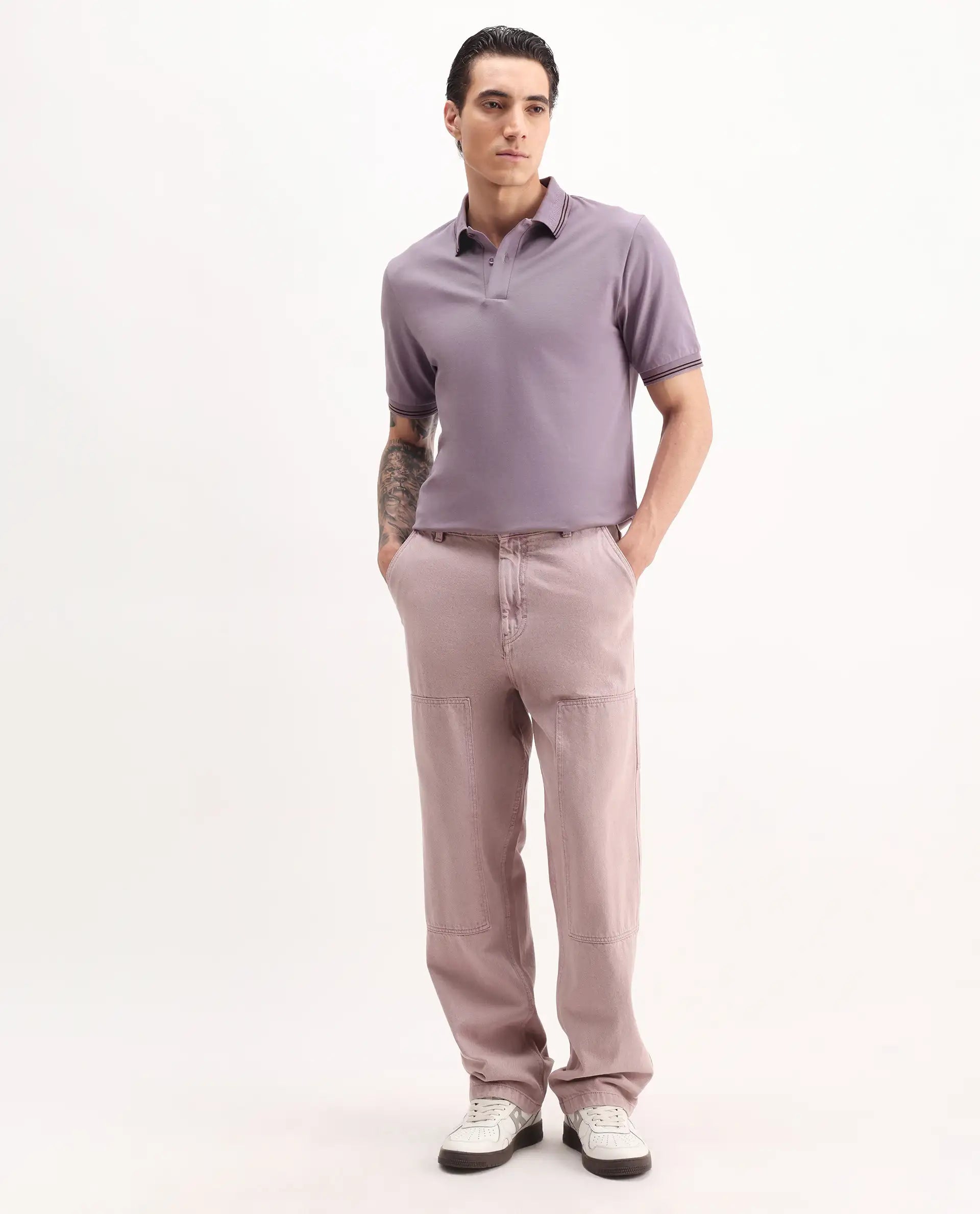 Rare Rabbit Men's Mace Dusky Purple Cotton Blend Plain Regular Fit Half Sleeve Polo