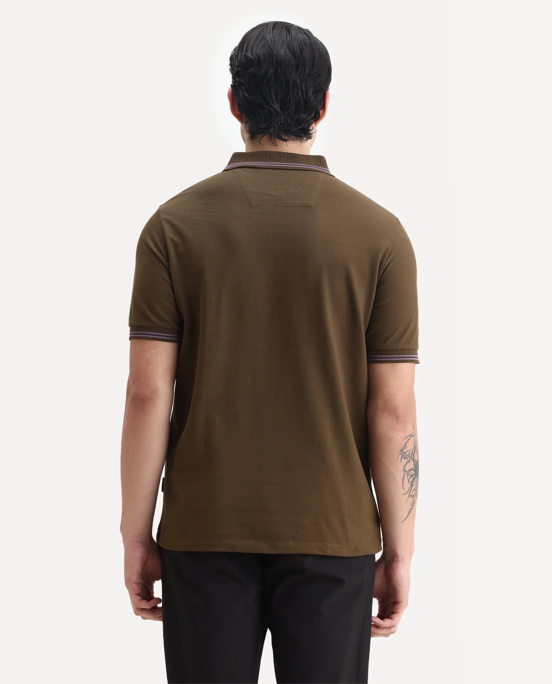 Rare Rabbit Men's Mace Olive Cotton Blend Plain Regular Fit Half Sleeve Polo
