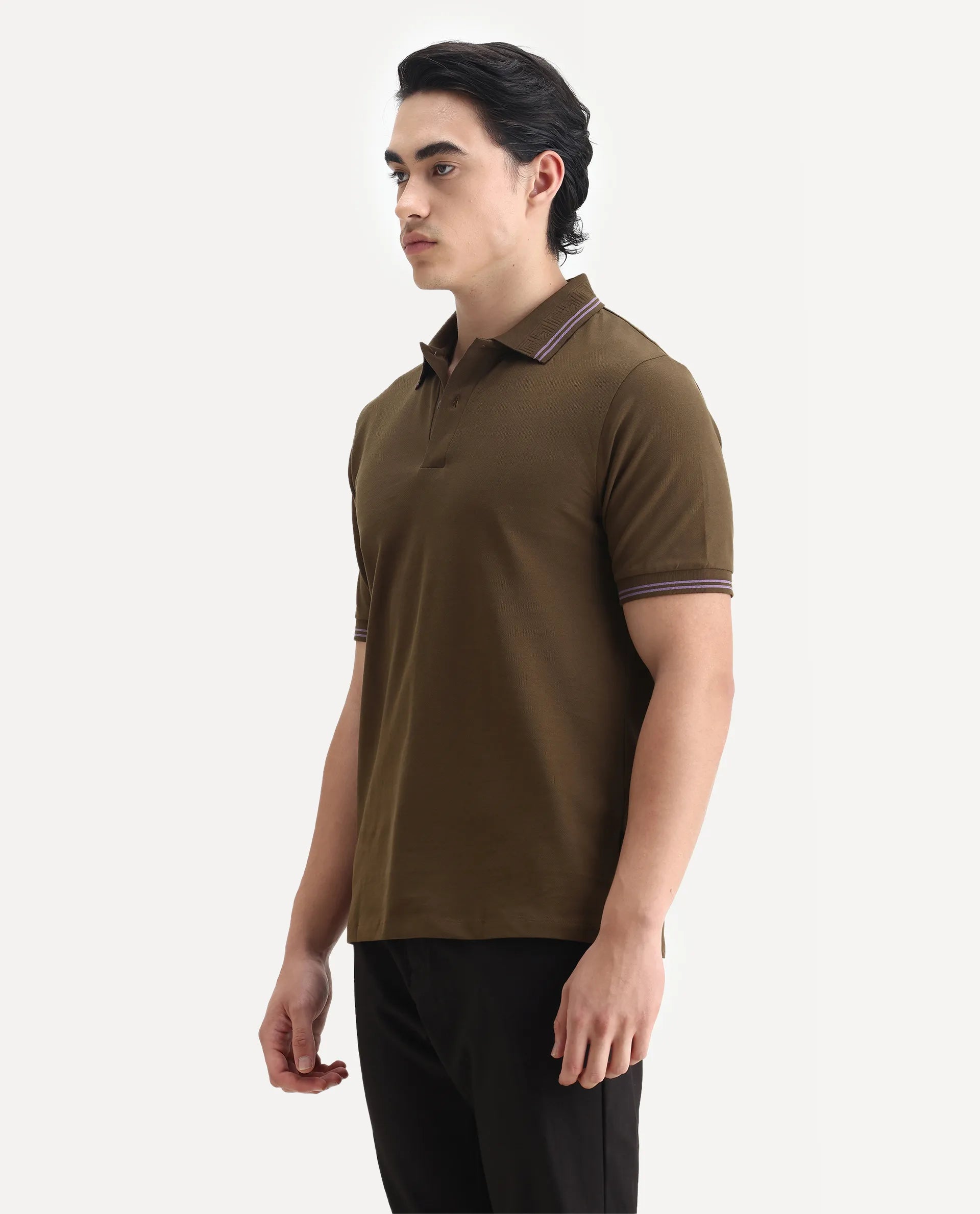 Rare Rabbit Men's Mace Olive Cotton Blend Plain Regular Fit Half Sleeve Polo