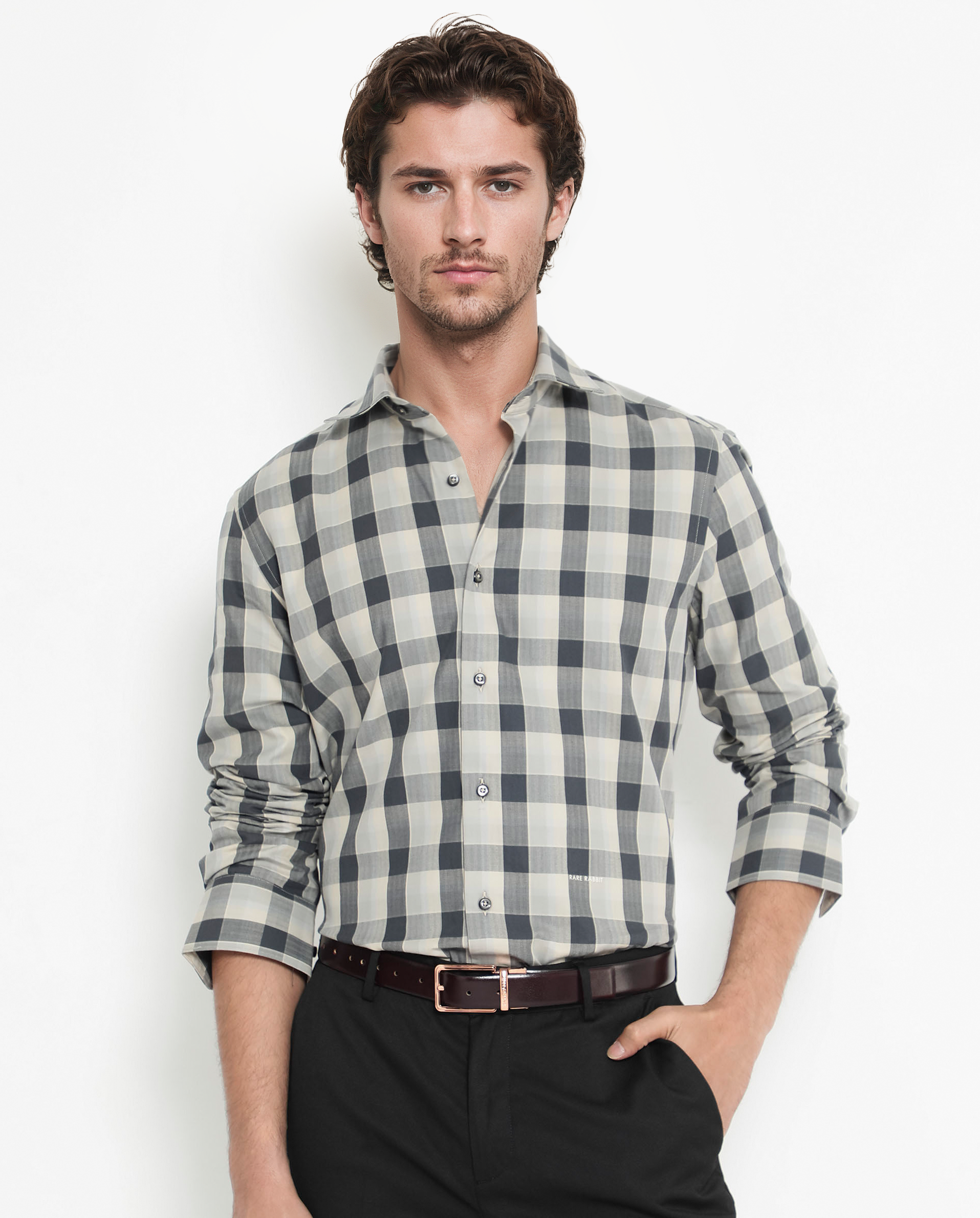 Rare Rabbit Men's Mac Grey Cotton Fabric Full Sleeve Regular Fit Checks Shirt