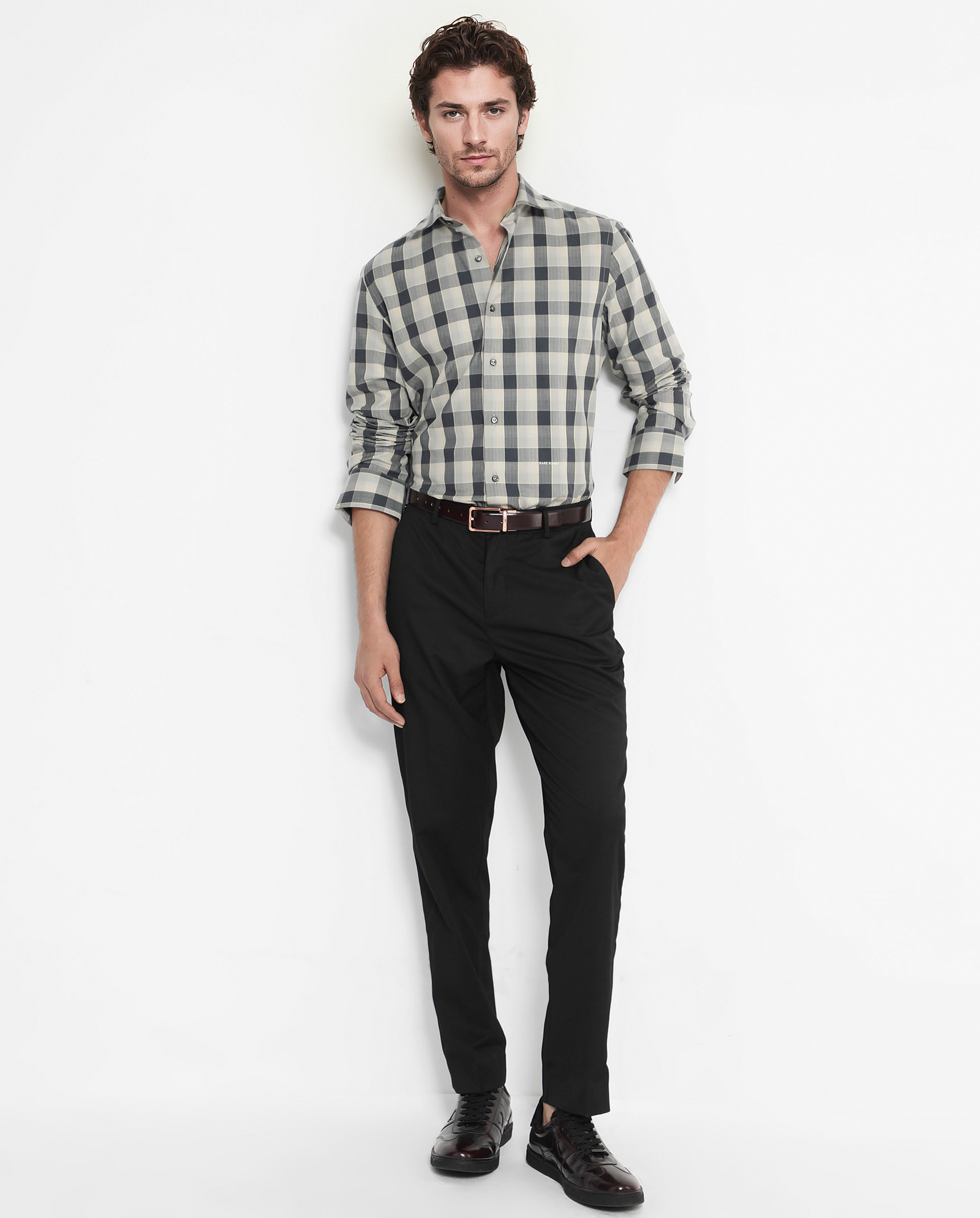 Rare Rabbit Men's Mac Grey Cotton Fabric Full Sleeve Regular Fit Checks Shirt