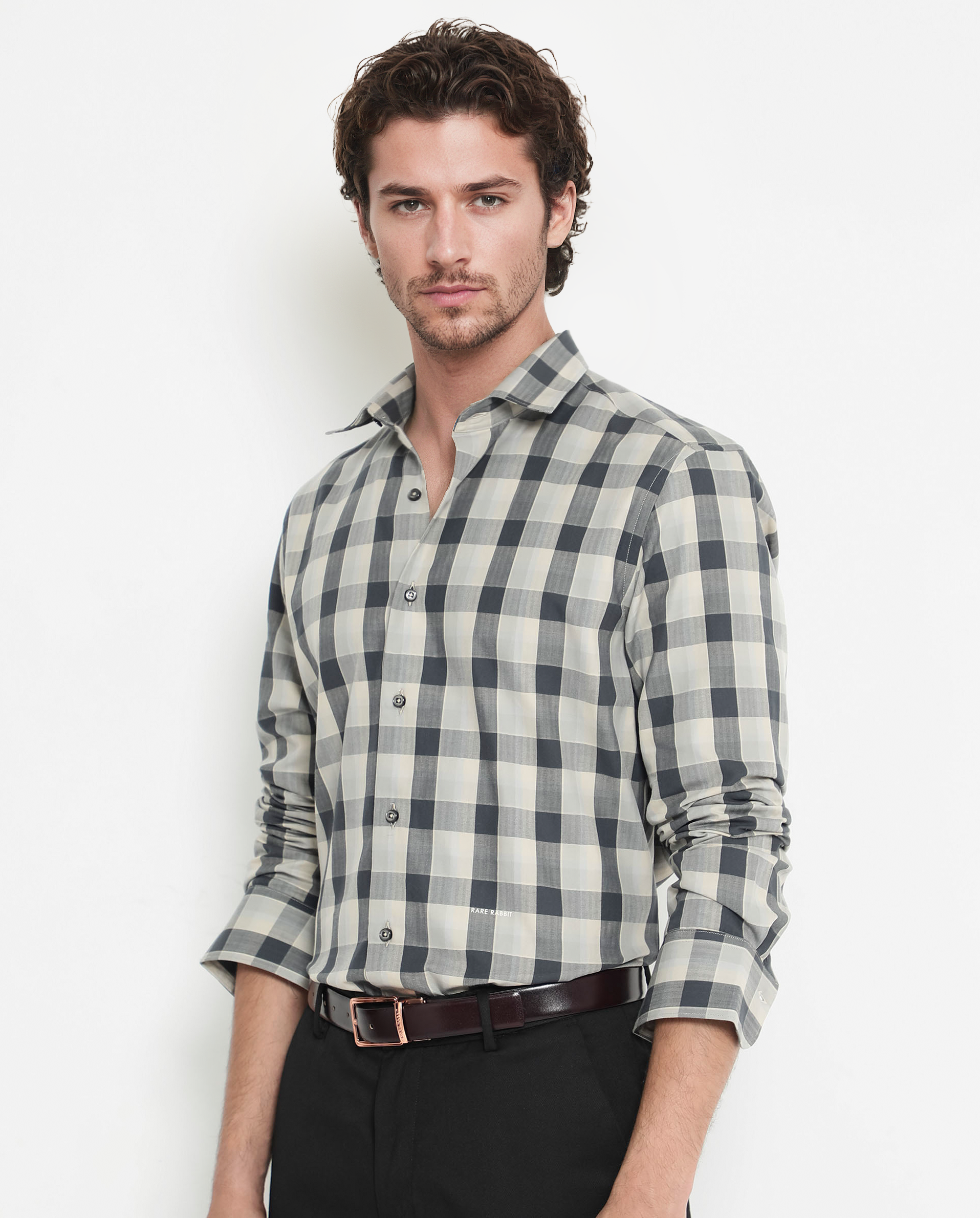 Rare Rabbit Men's Mac Grey Cotton Fabric Full Sleeve Regular Fit Checks Shirt