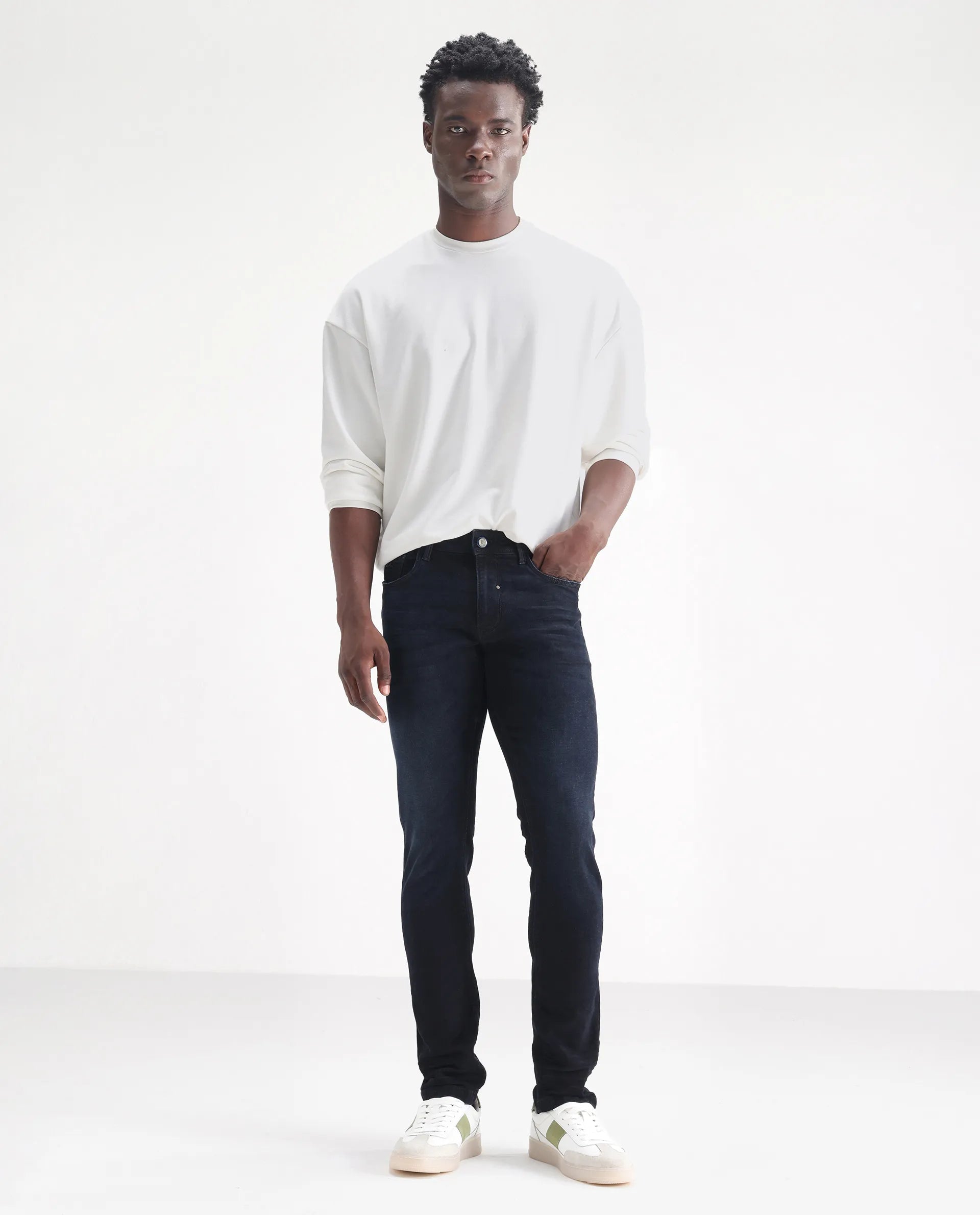 Rare Rabbit Men's Macher Dark Navy Cotton Plain Hawk Slim Fit Jeans