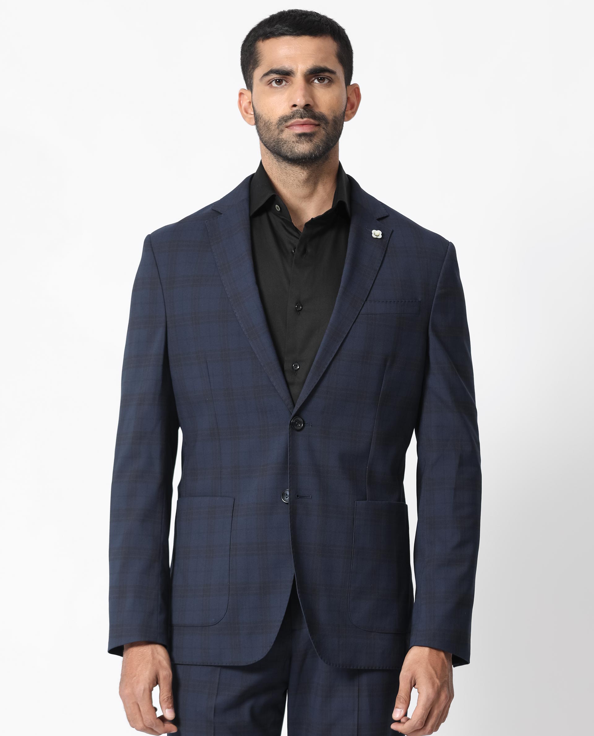 Rare Rabbit Men's Mack Dark Navy Polyester Viscose Fabric Notch Lapel Button Closure Single Breasted Dupplin Checks Suits