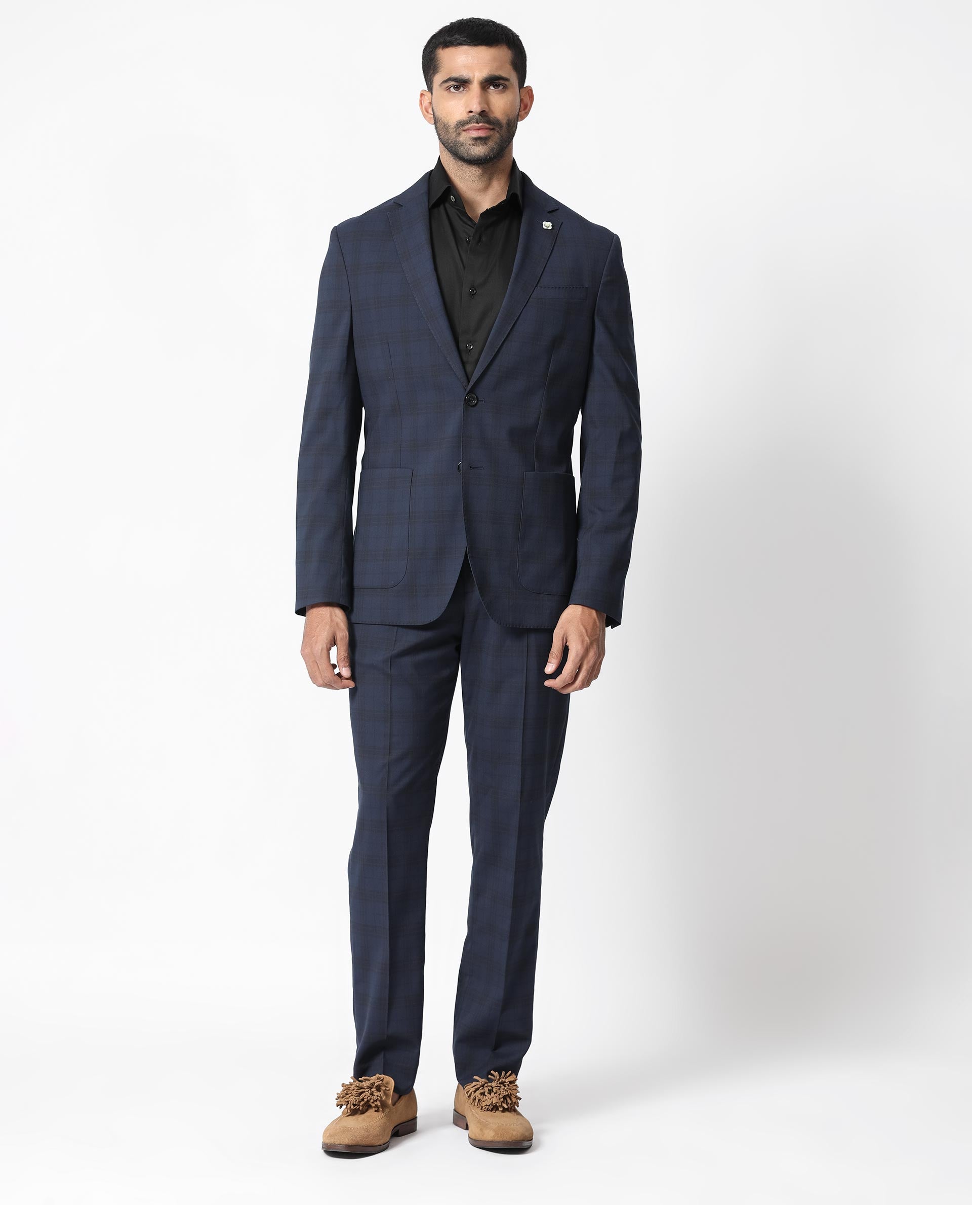 Rare Rabbit Men's Mack Dark Navy Polyester Viscose Fabric Notch Lapel Button Closure Single Breasted Dupplin Checks Suits