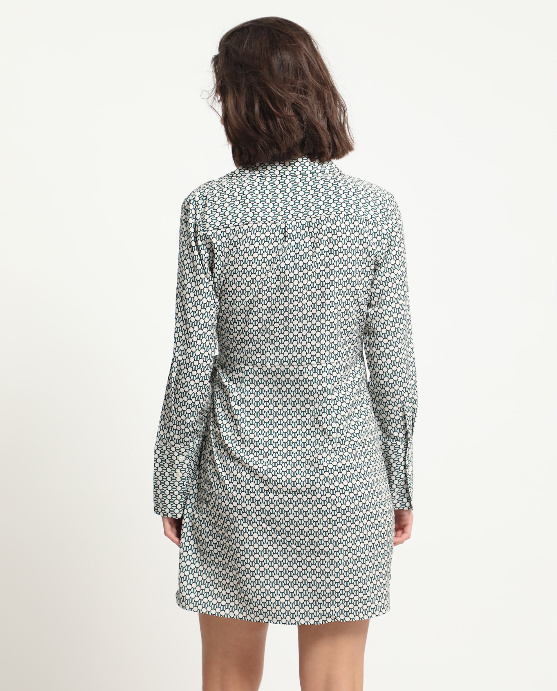 Rareism Women Mackay Green Polyester Fabric Full Sleeves Drop Collar Regular Fit Geometric Print Short Boxy Dress