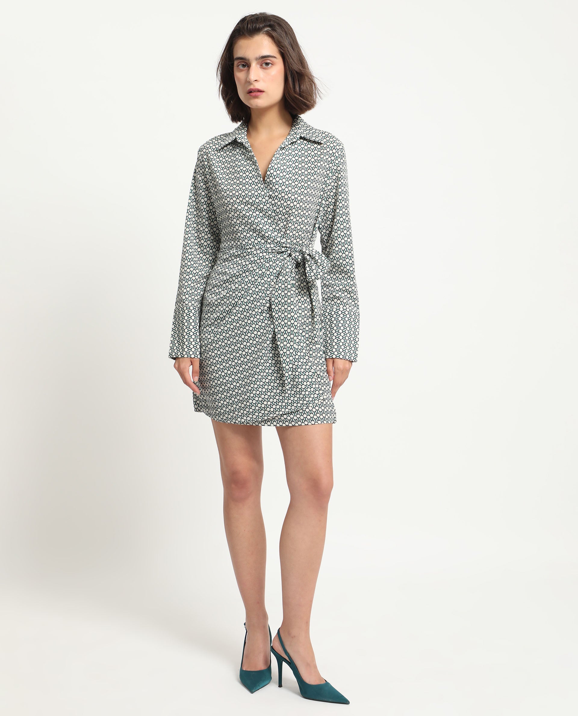 Rareism Women Mackay Green Polyester Fabric Full Sleeves Drop Collar Regular Fit Geometric Print Short Boxy Dress