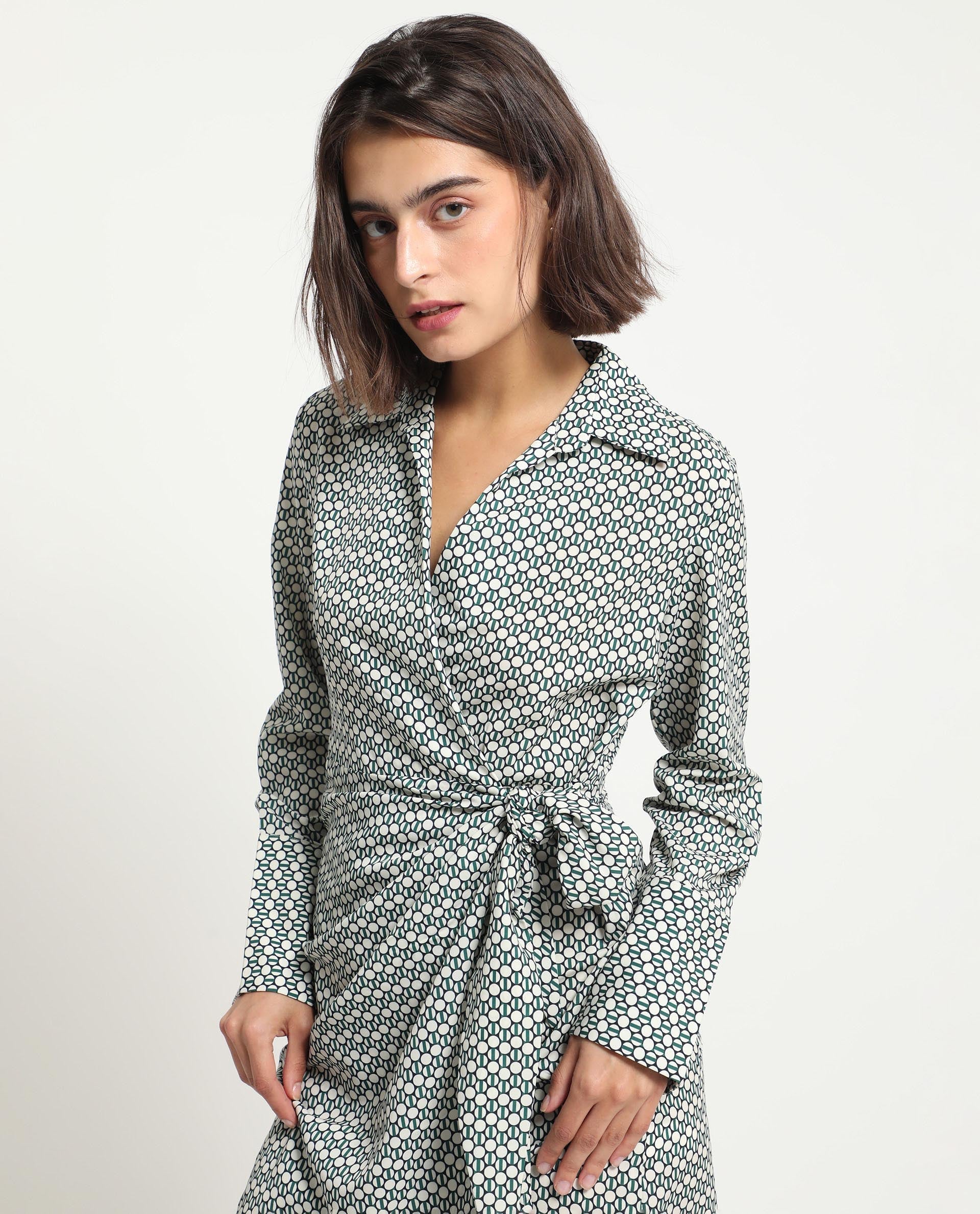 Rareism Women Mackay Green Polyester Fabric Full Sleeves Drop Collar Regular Fit Geometric Print Short Boxy Dress