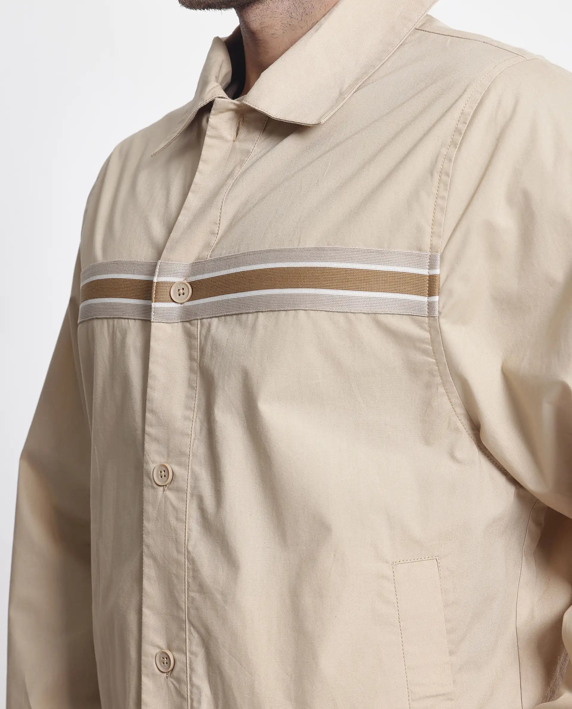 Rare Rabbit Men Macon-S Beige Cotton Fabric Full Sleeves Collared Neck Button Closure Plain Shirt