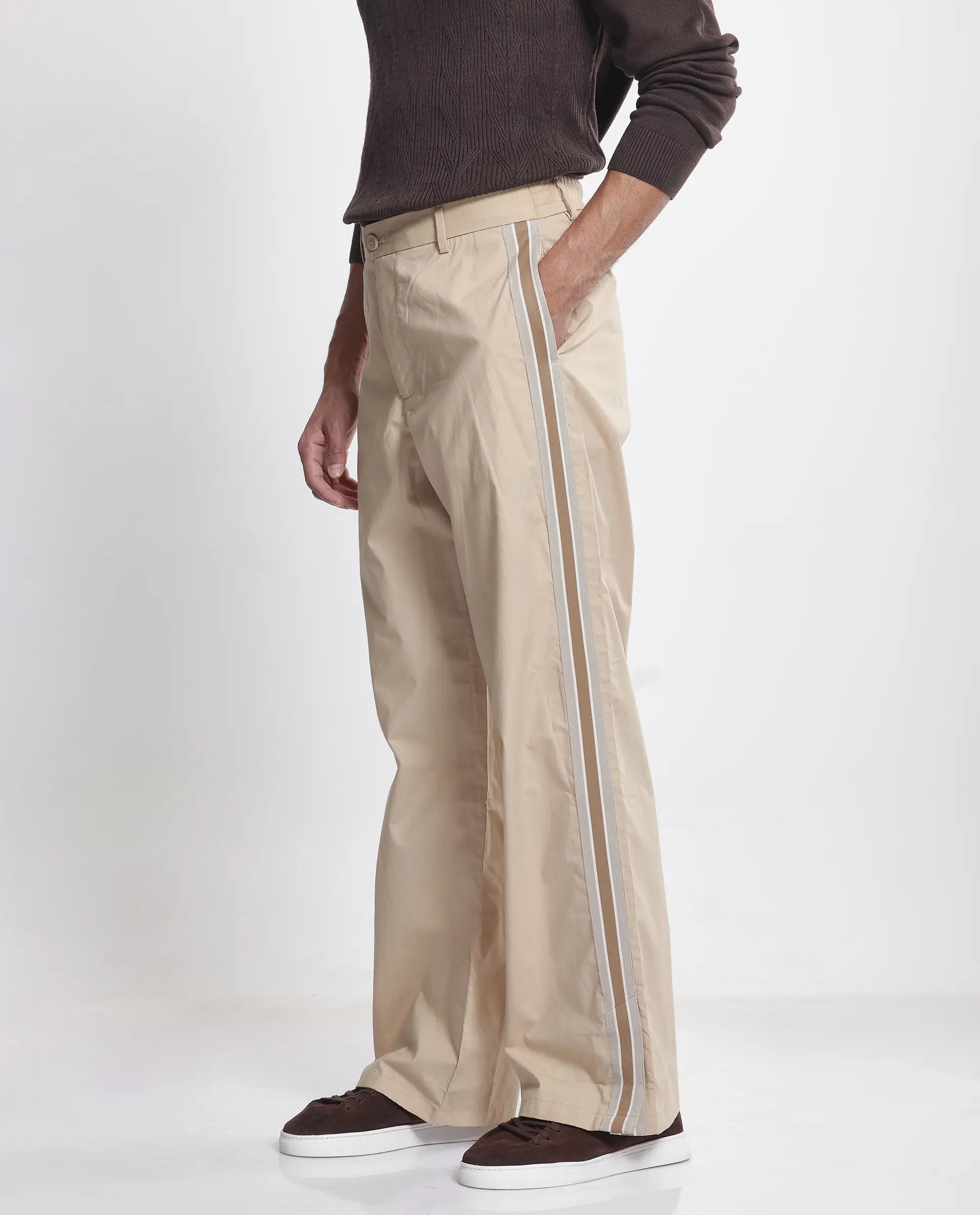 Rare Rabbit Men Macon Beige Cotton Fabric Tape Detailed Mid Rise Baggy Fit Track Pant